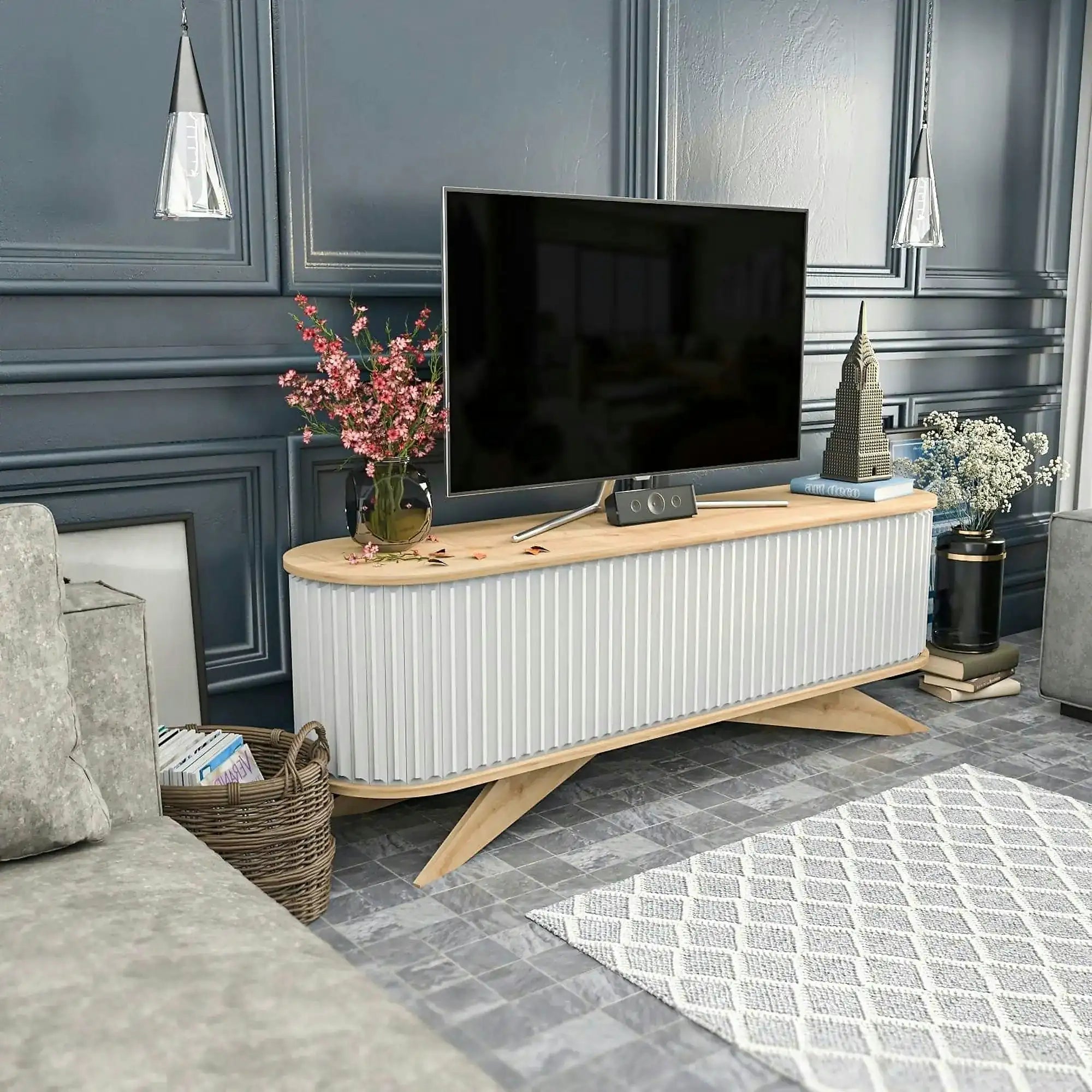 Comoda TV STOR, stejar/alb, PAL melaminat, 180x43x60 cm