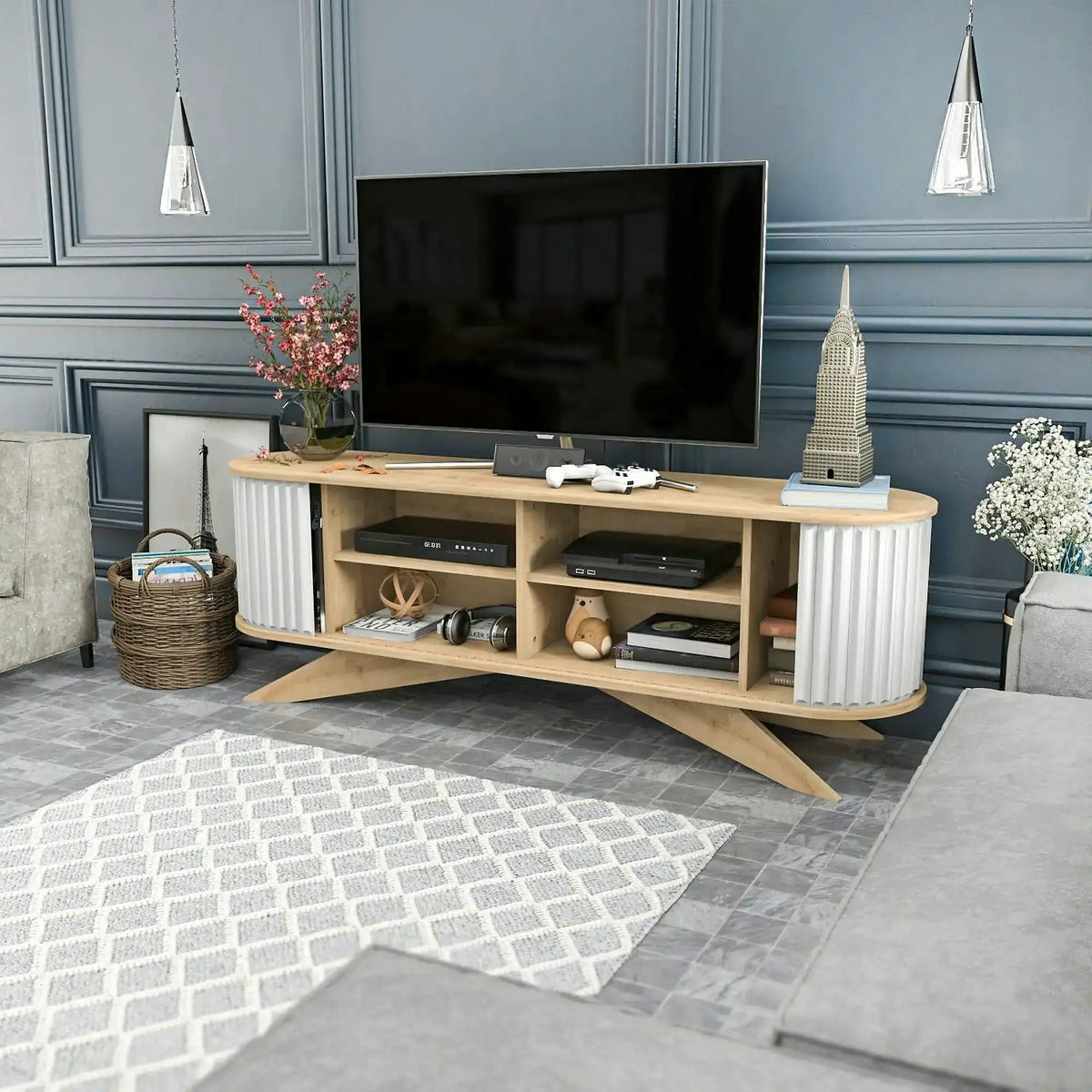 Comoda TV STOR, stejar/alb, PAL melaminat, 180x43x60 cm