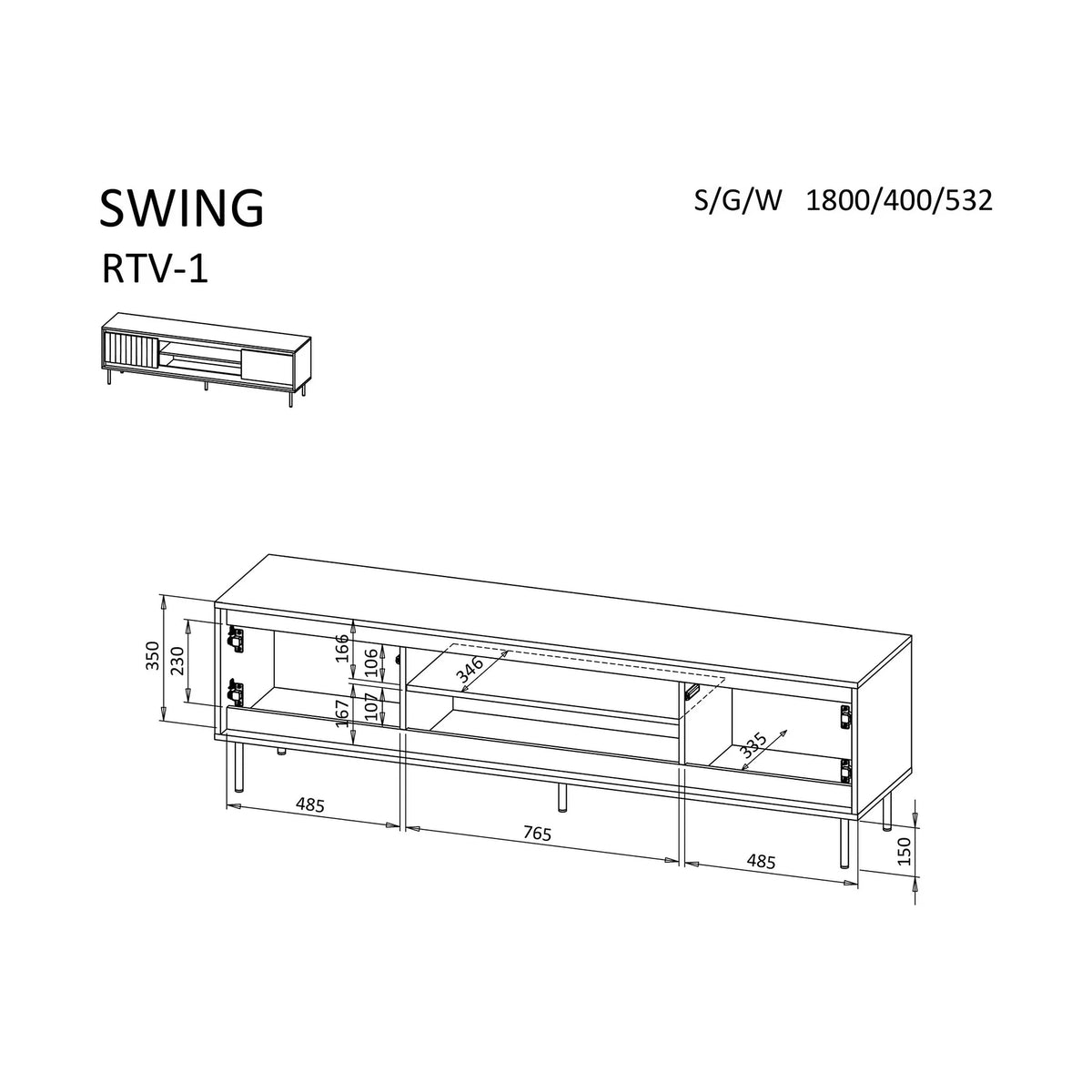 Comoda TV SWING RTV-1, nuc/negru, PAL laminat/metal, 180x40x53 cm