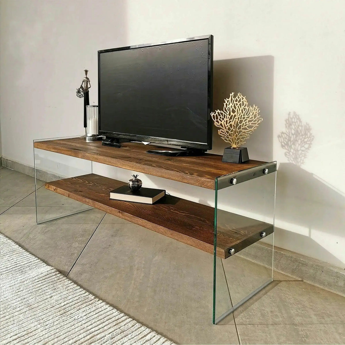 Comoda TV TV103, nuc, sticla/lemn, 120x35x45 cm