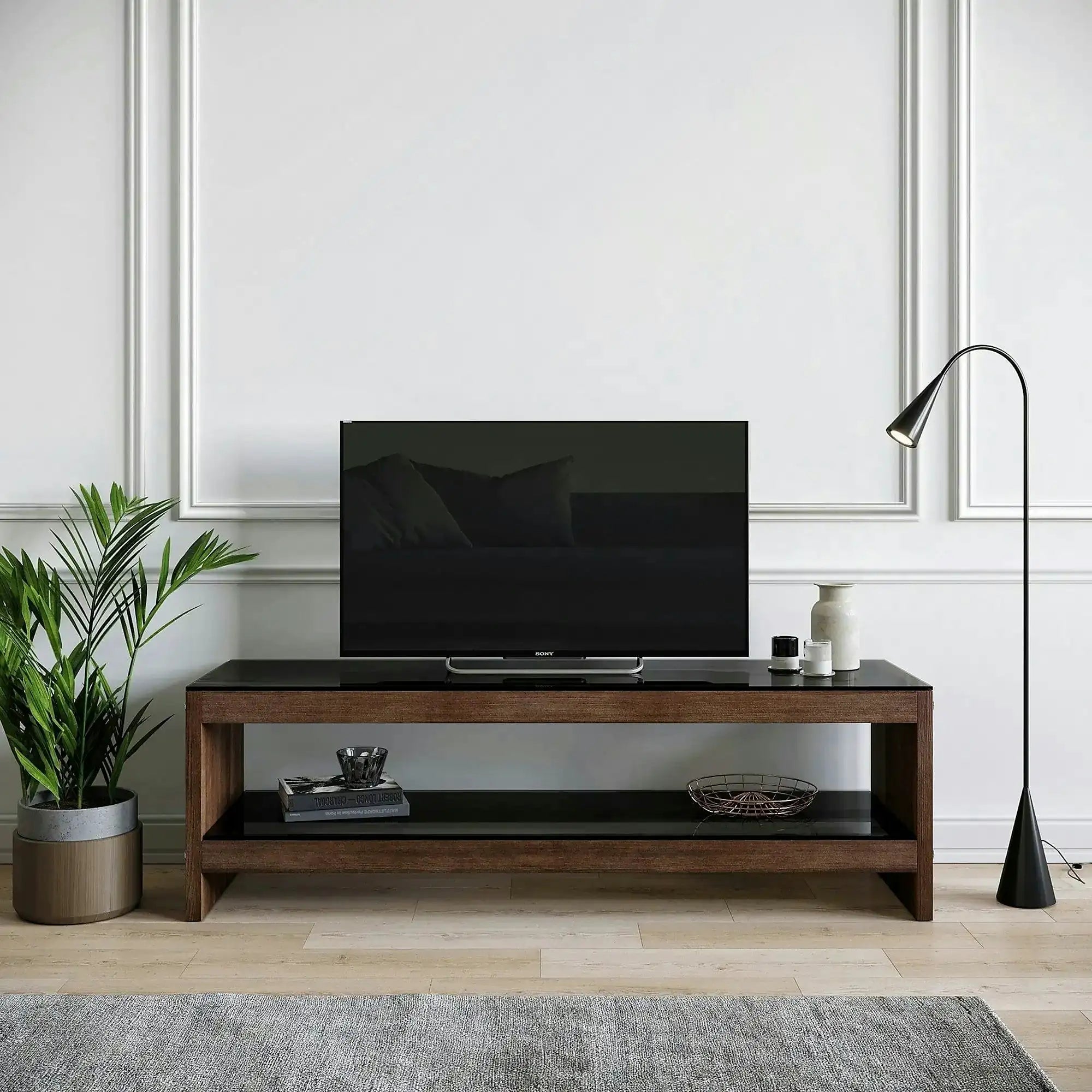 Comoda TV TV301, nuc, lemn/sticla, 140x40x45 cm