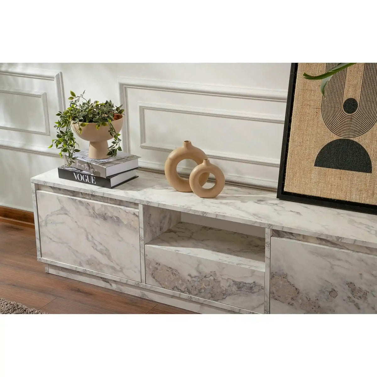 Comoda TV VANGUARD, alb cu efect de marmura, PAL, 160x30x42 cm