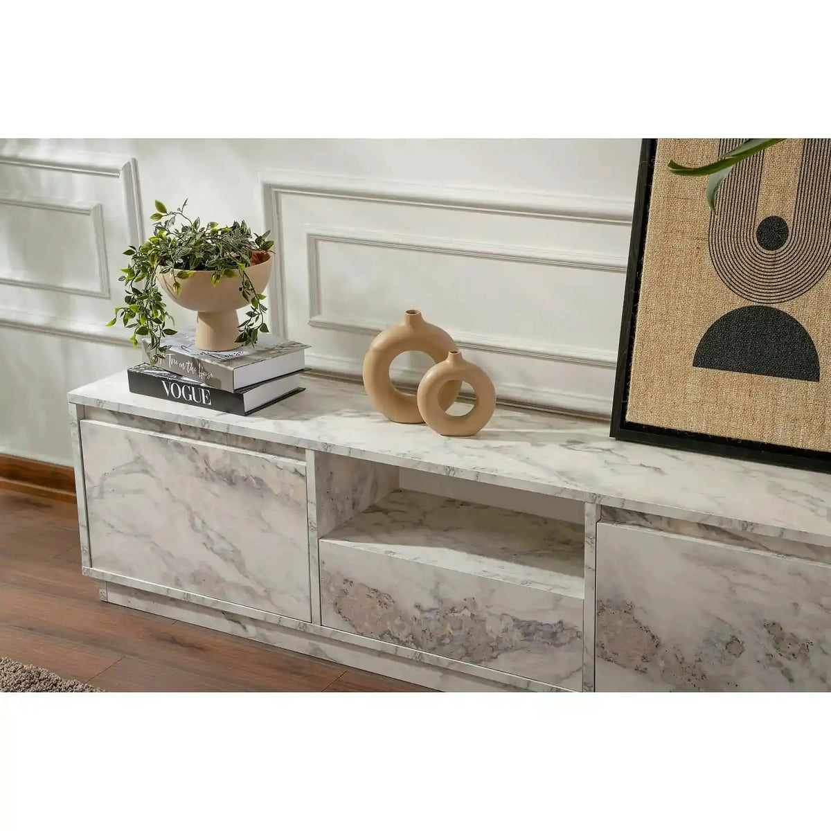 Comoda TV VANGUARD, alb cu efect de marmura, PAL, 160x30x42 cm