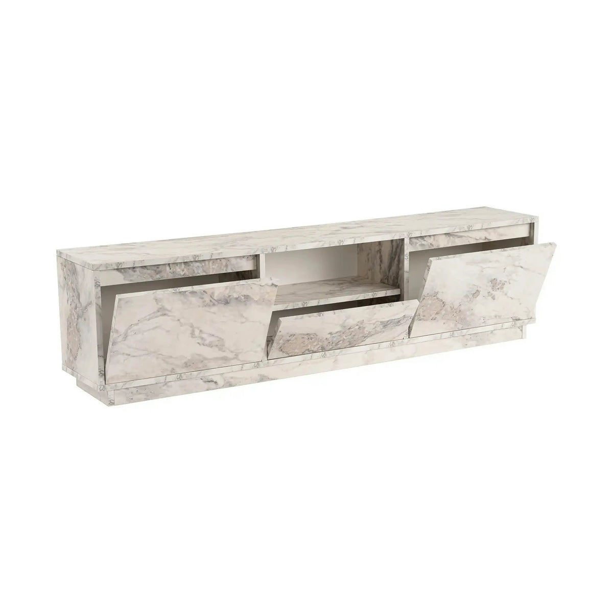 Comoda TV VANGUARD, alb cu efect de marmura, PAL, 160x30x42 cm