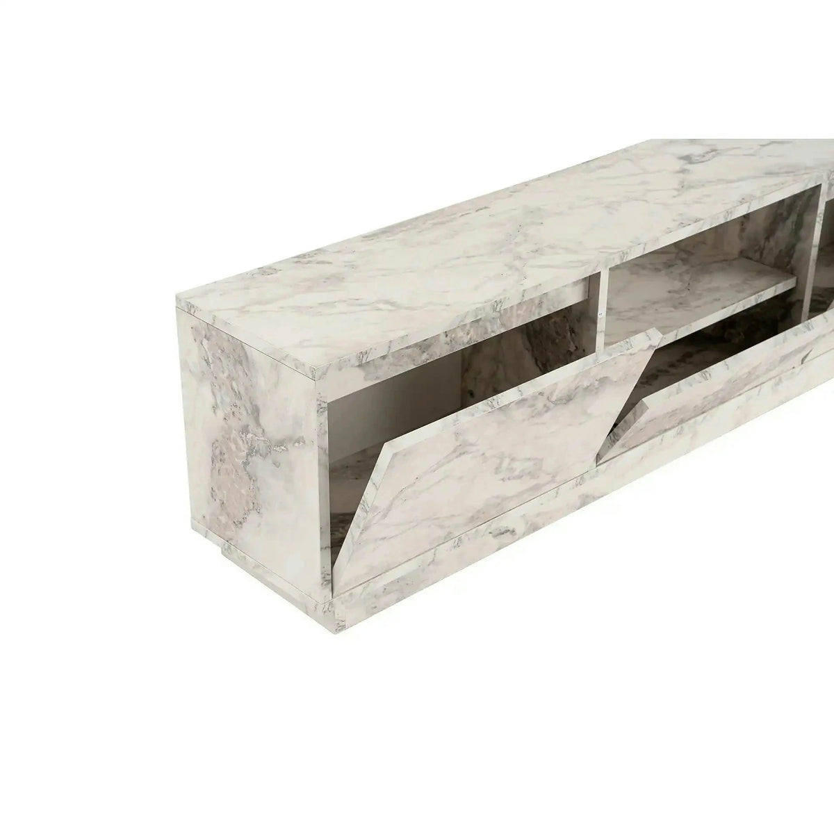 Comoda TV VANGUARD, alb cu efect de marmura, PAL, 160x30x42 cm
