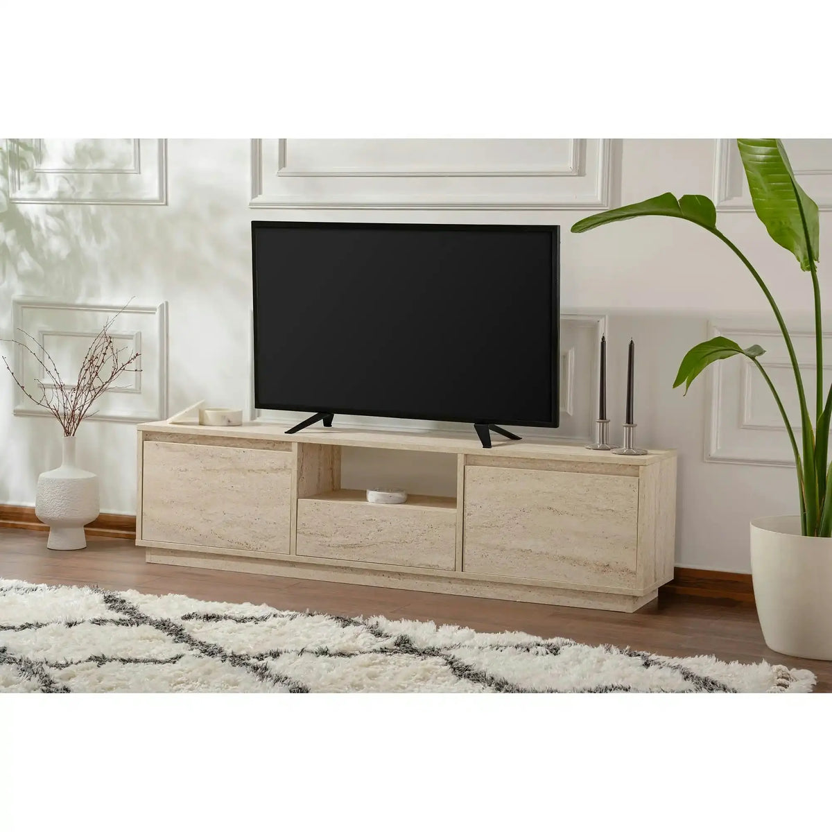 Comoda TV VANGUARD, bej cu efect de piatra travertin, PAL, 160x30x42 cm