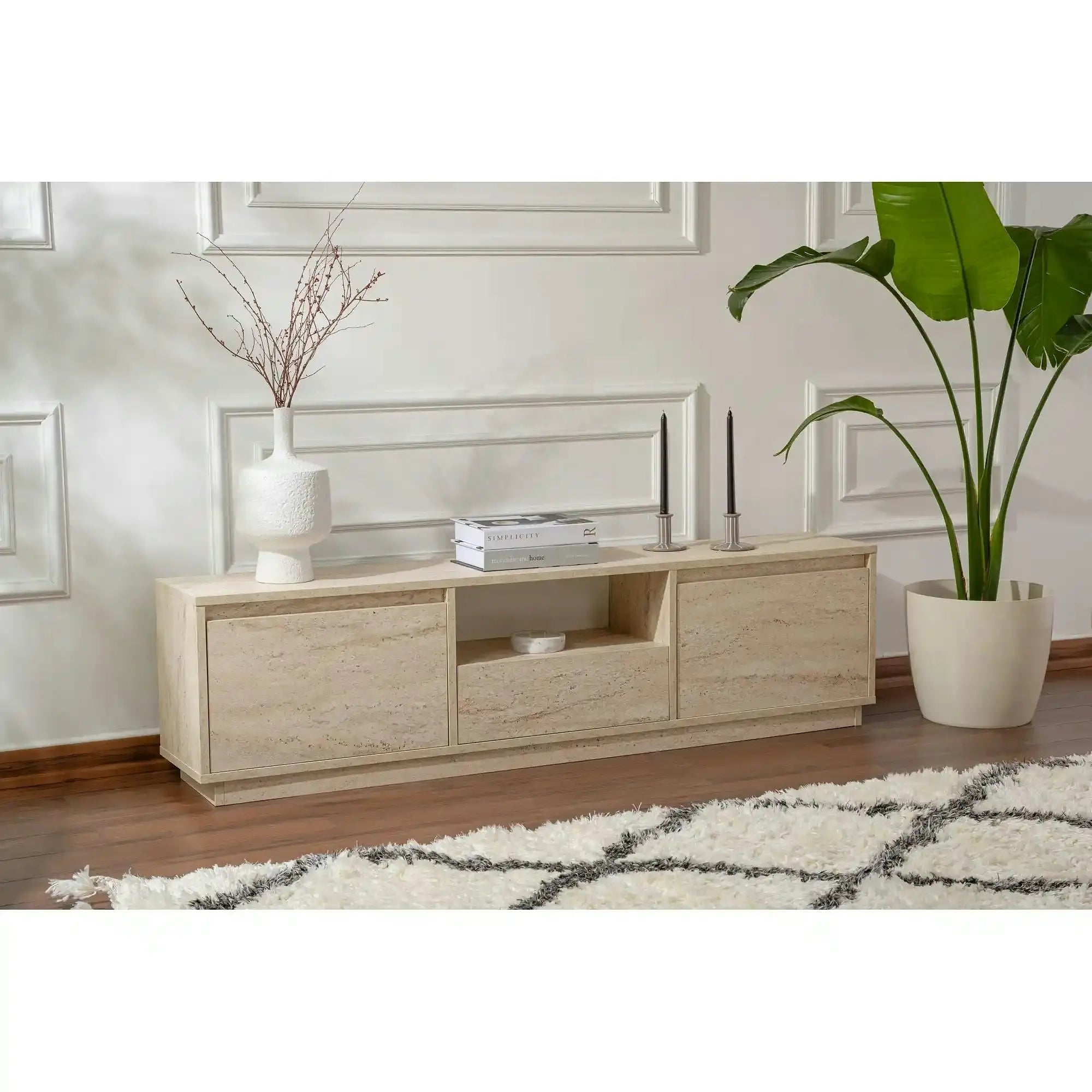 Comoda TV VANGUARD, bej cu efect de piatra travertin, PAL, 160x30x42 cm