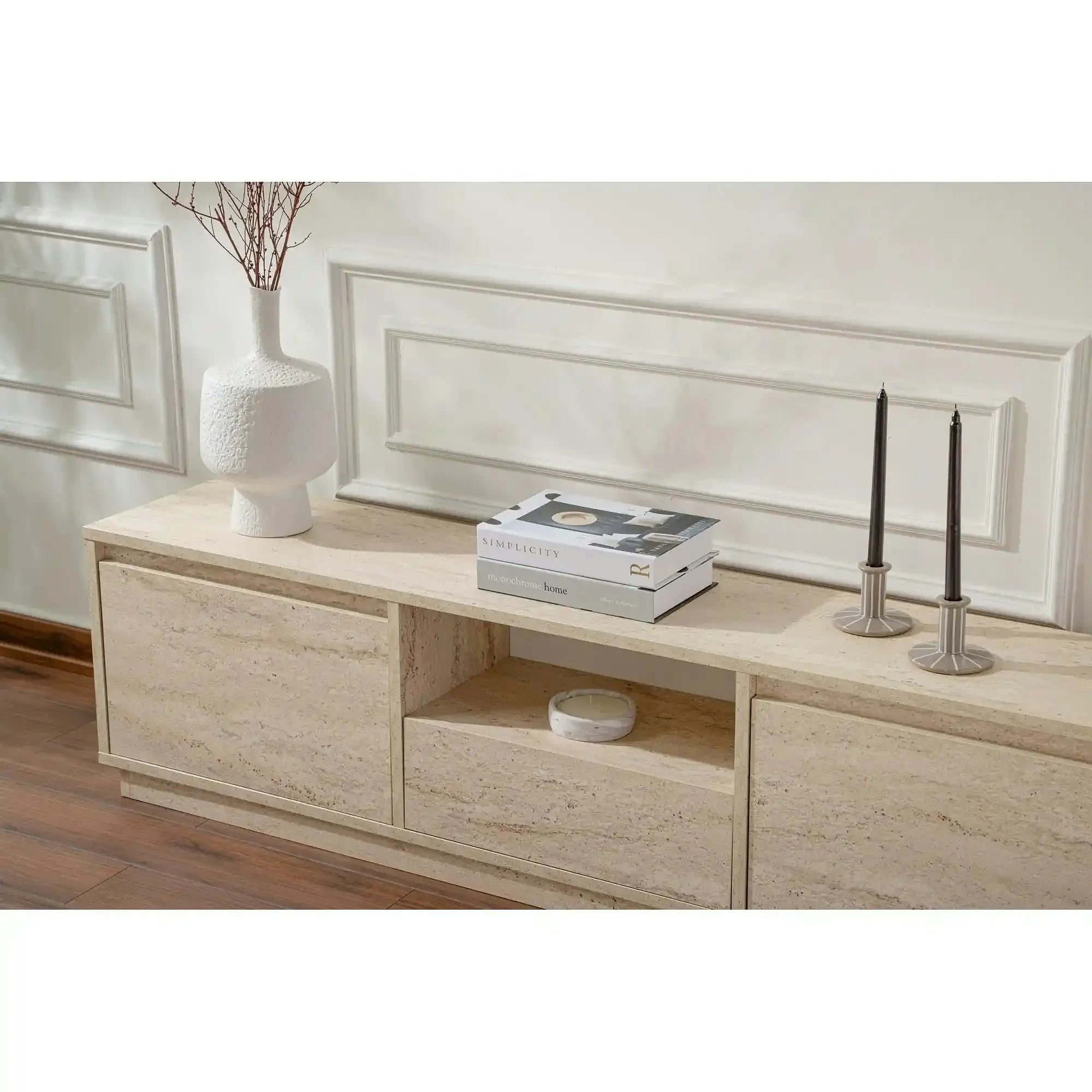 Comoda TV VANGUARD, bej cu efect de piatra travertin, PAL, 160x30x42 cm