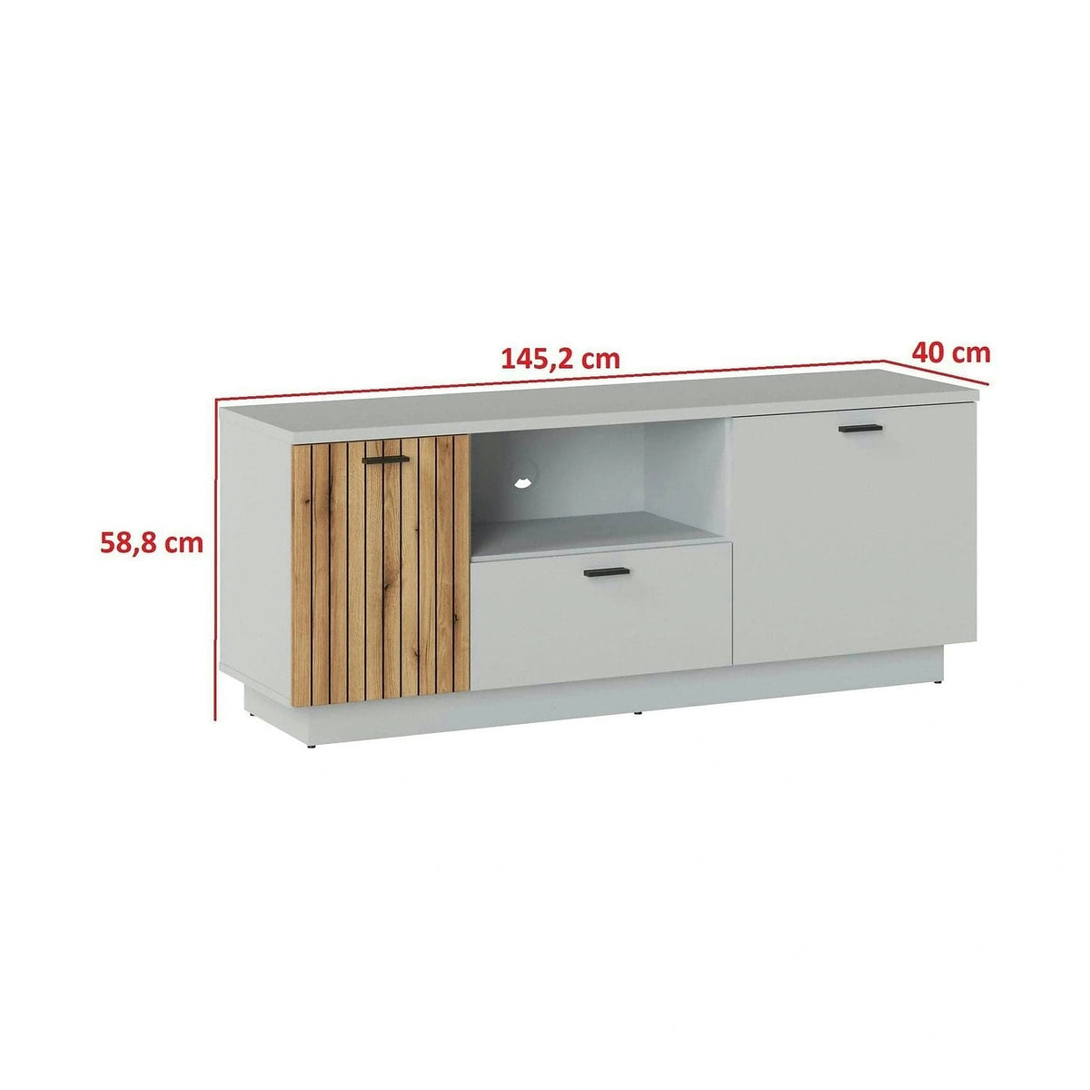 Comoda TV VERO, alb/stejar, PAL laminat, 145x40x59 cm