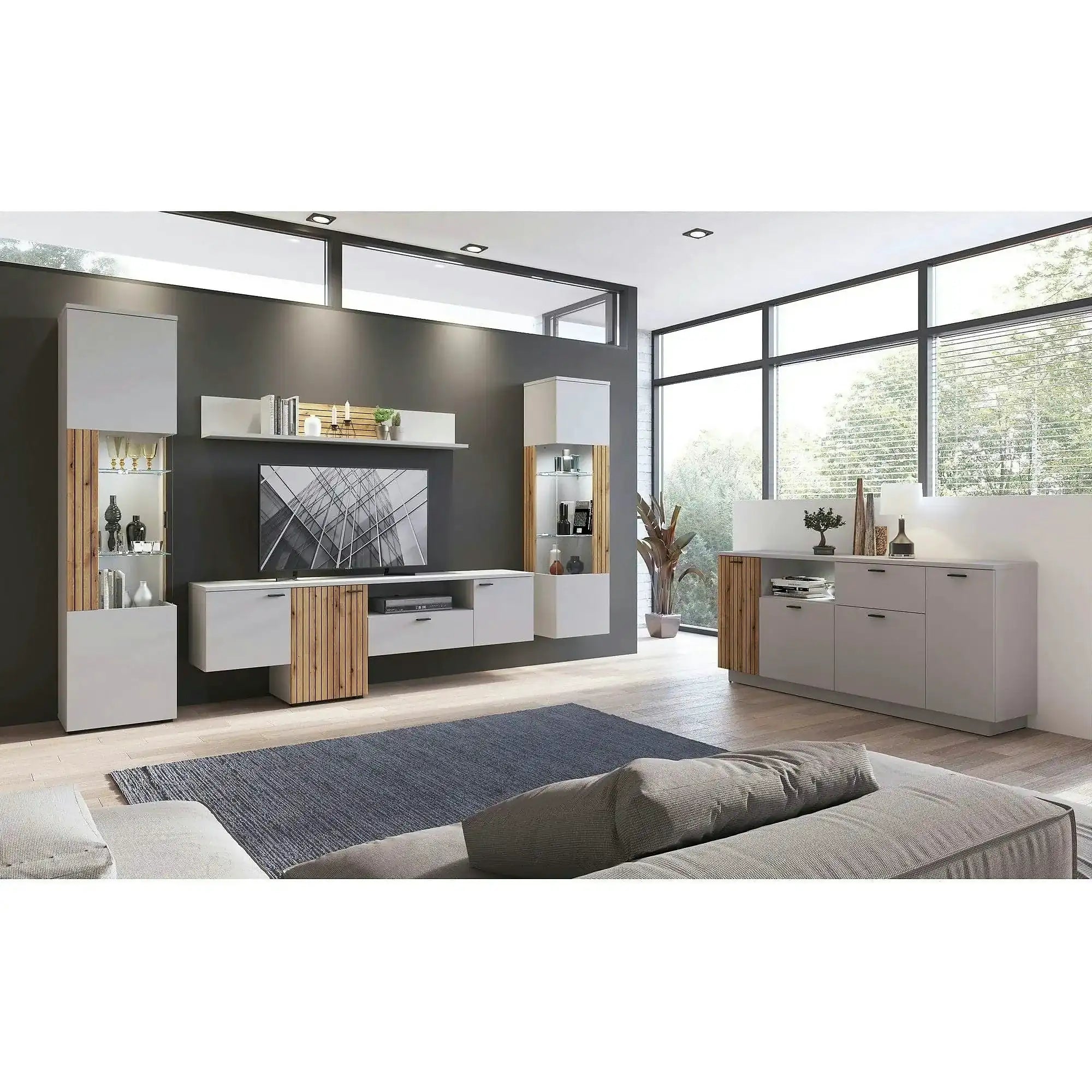 Comoda TV VERO, alb/stejar, PAL laminat, 160x40x69 cm