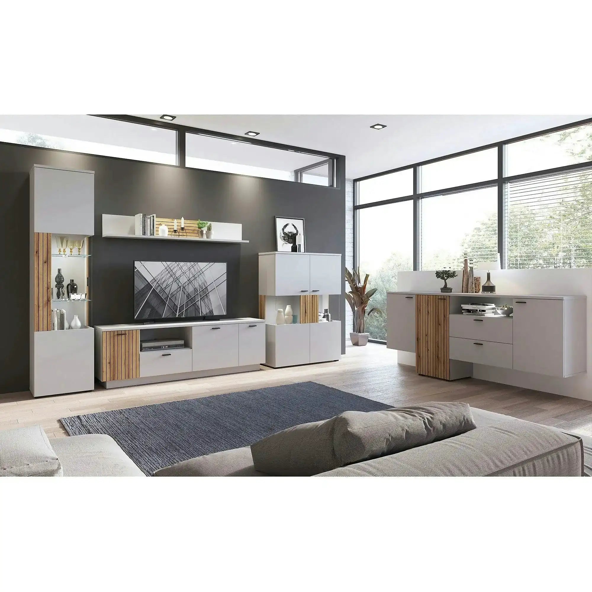 Comoda TV VERO, alb/stejar, PAL laminat, 180x40x59 cm