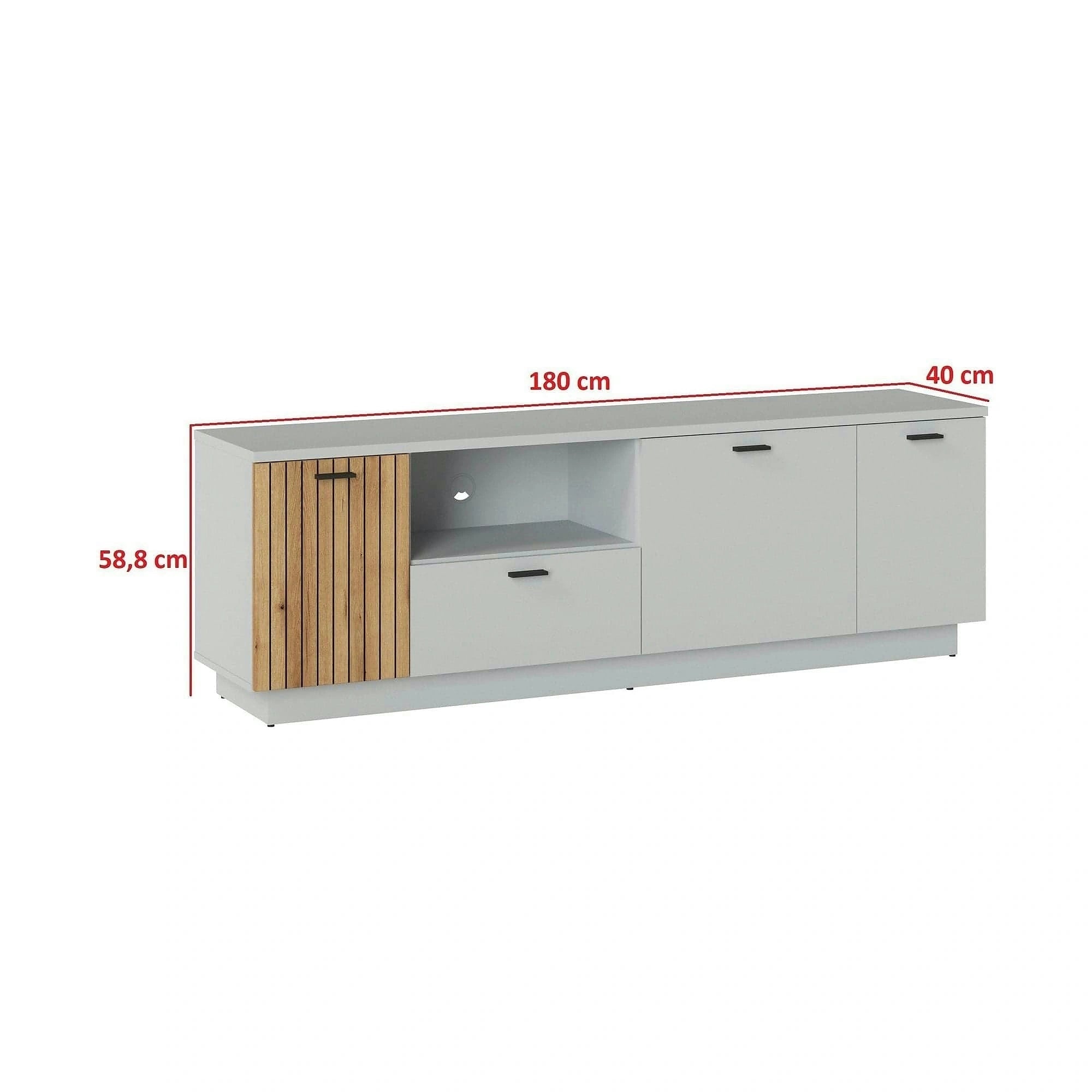 Comoda TV VERO, alb/stejar, PAL laminat, 180x40x59 cm