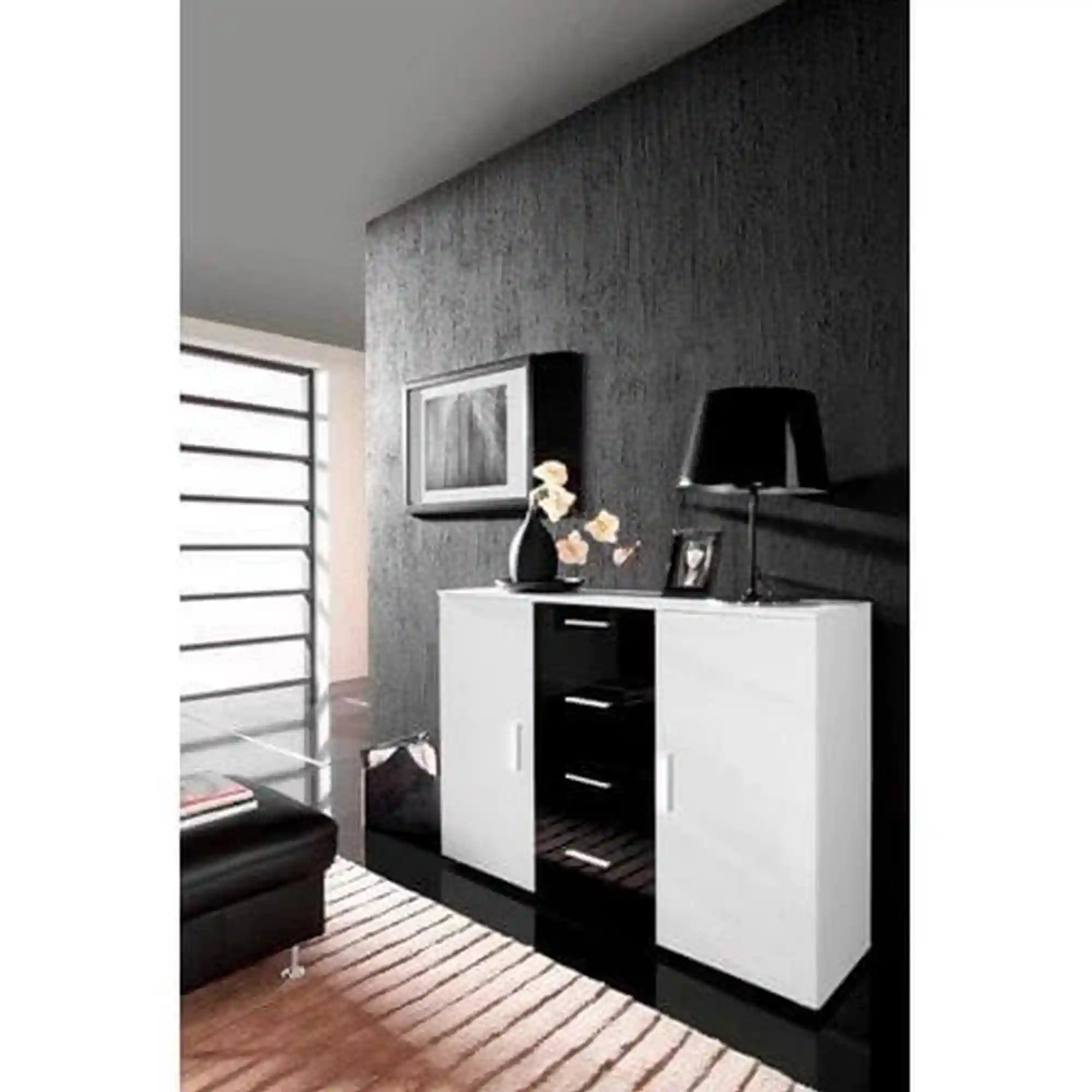 Comoda UNI, alb lucios/negru, PAL, 132x38x92 cm