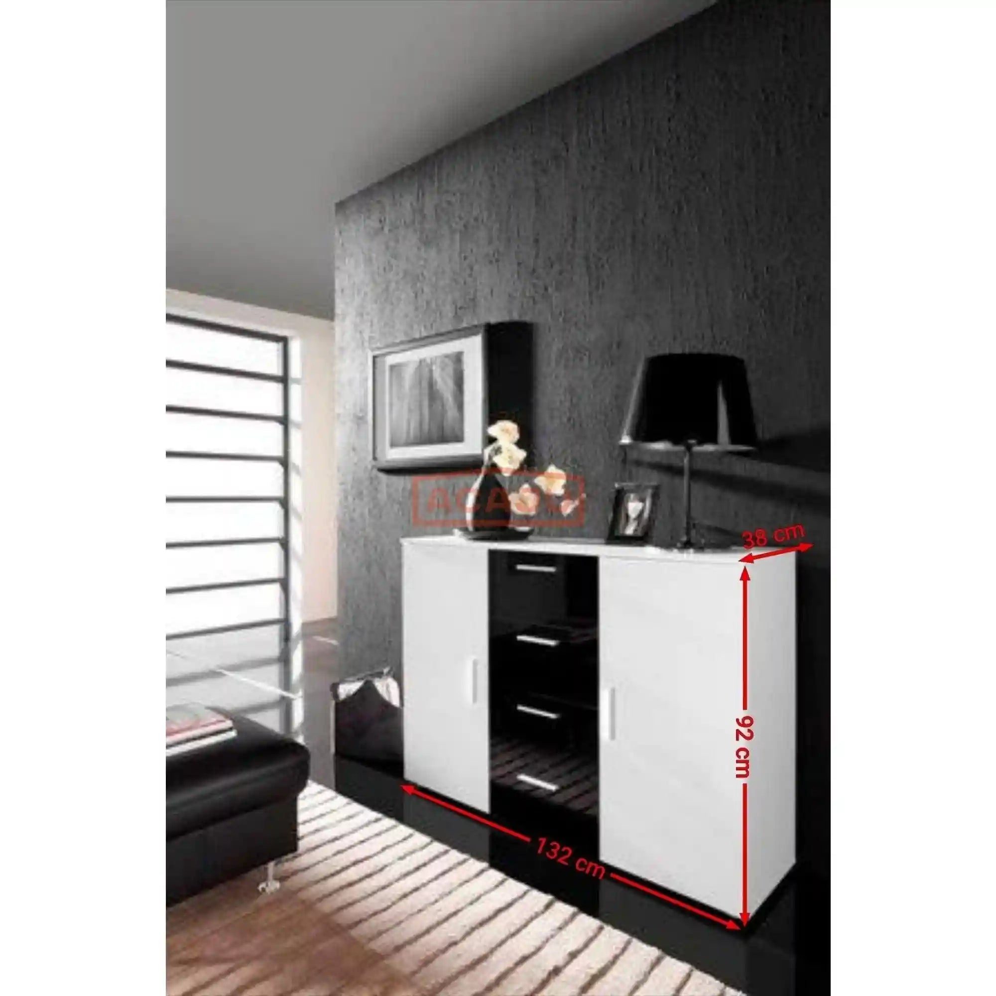 Comoda UNI, alb lucios/negru, PAL, 132x38x92 cm