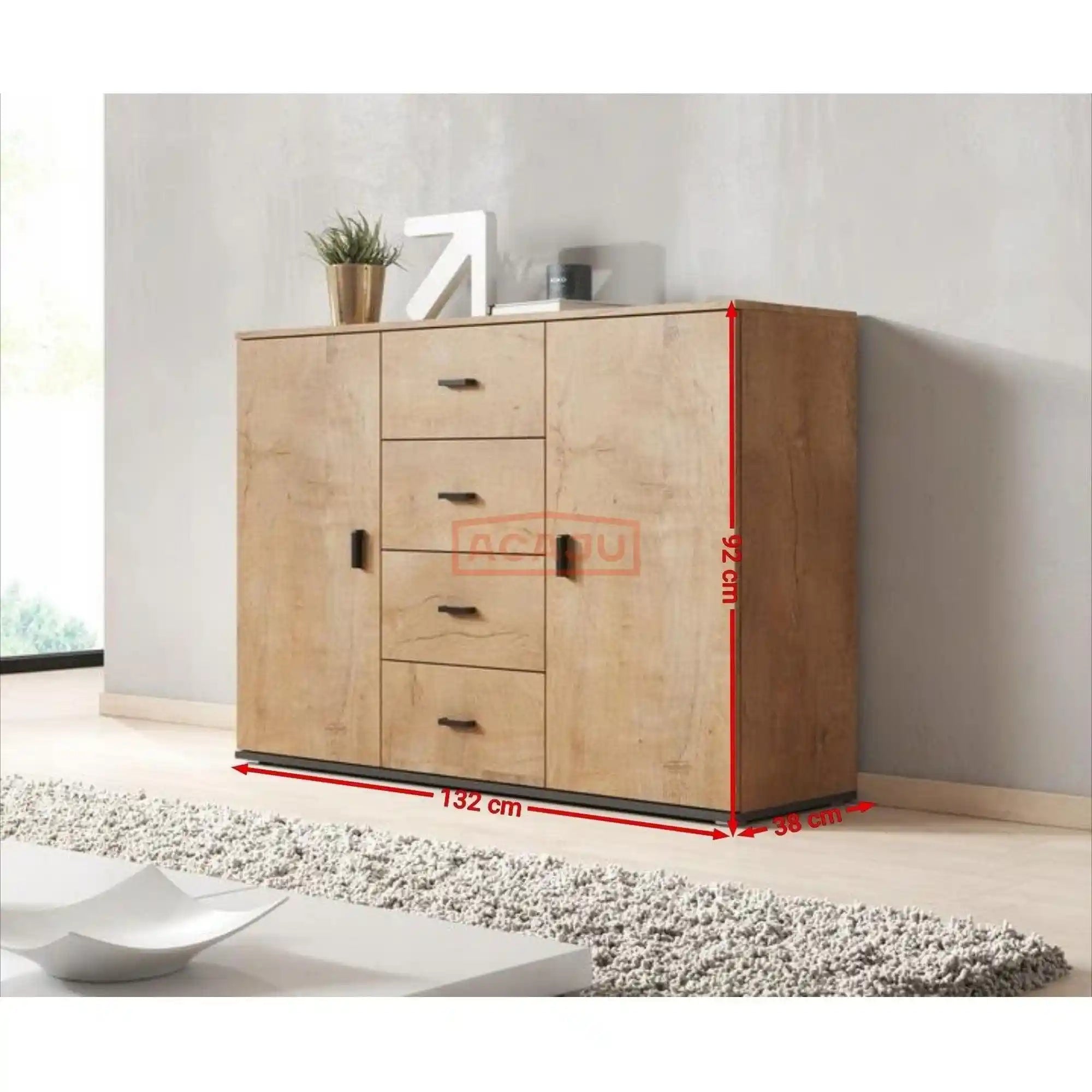 Comoda UNI, stejar/negru, PAL laminat, 132x38x92 cm