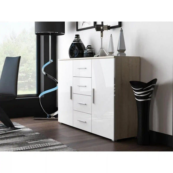 Comoda UNI, stejar sonoma/alb lucios, PAL laminat, 132x38x92 cm