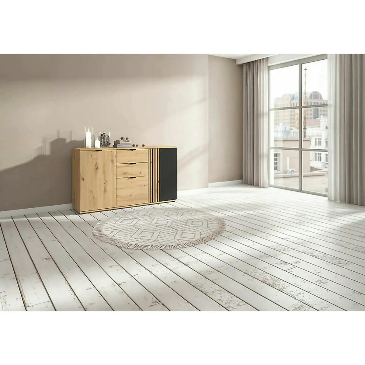 Comoda VABRES, stejar artisan/negru mat, PAL laminat, 151x40x87 cm