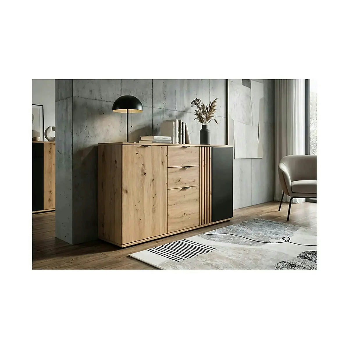 Comoda VABRES, stejar artisan/negru mat, PAL laminat, 151x40x87 cm