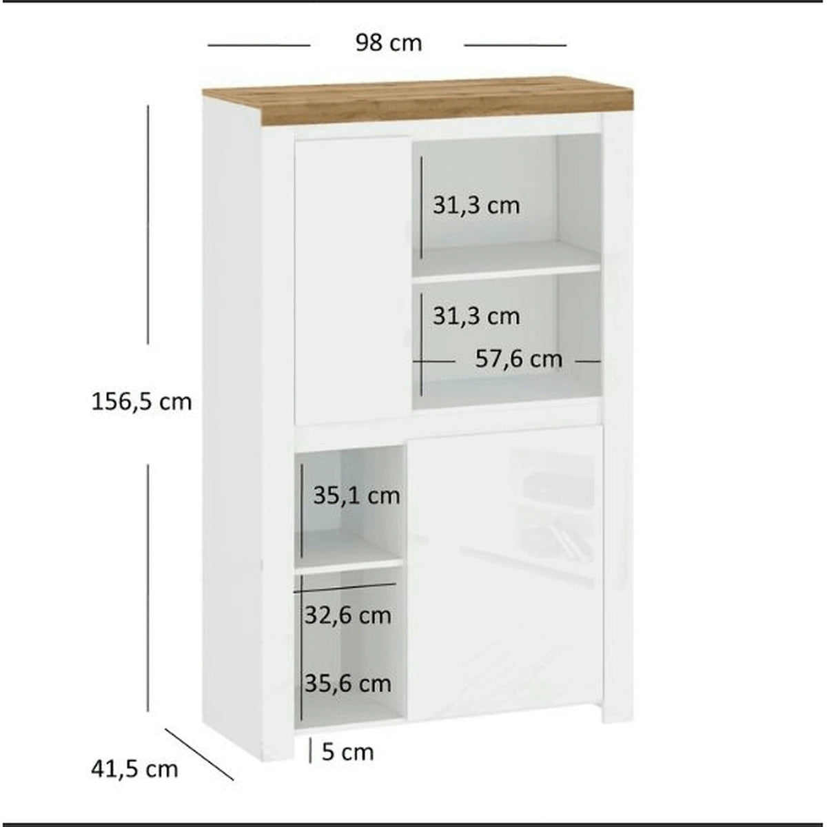 Comoda VIGO 2D, alb lucios/stejar wotan, PAL laminat, 98x42x157 cm