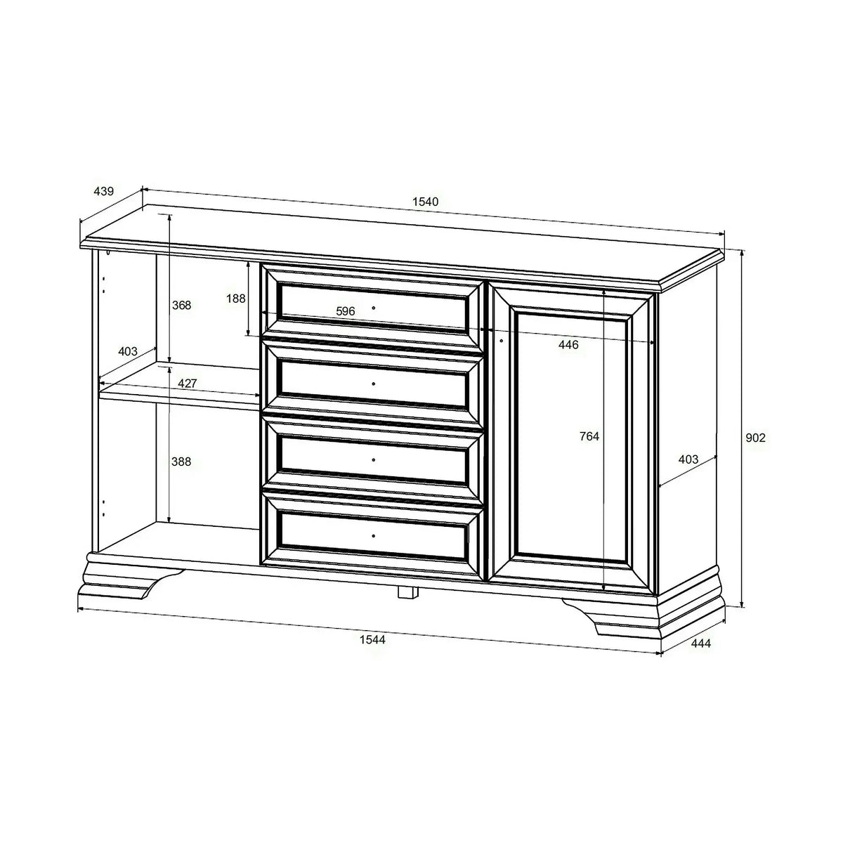 Comoda vintage alba IDENTO, PAL, 154x45x90 cm