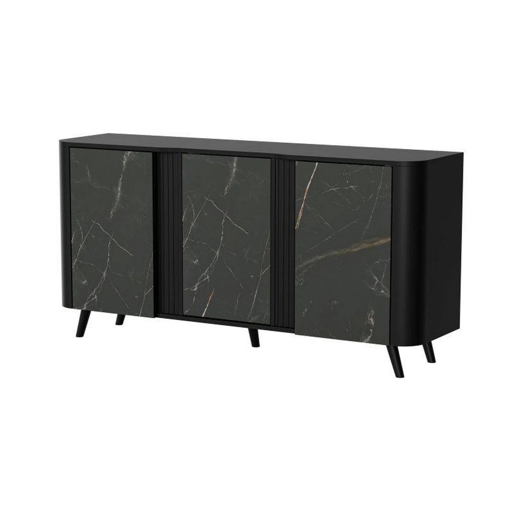 Comoda VOLARE, negru/imprimeu marmura, PAL laminat, 151x39x75 cm