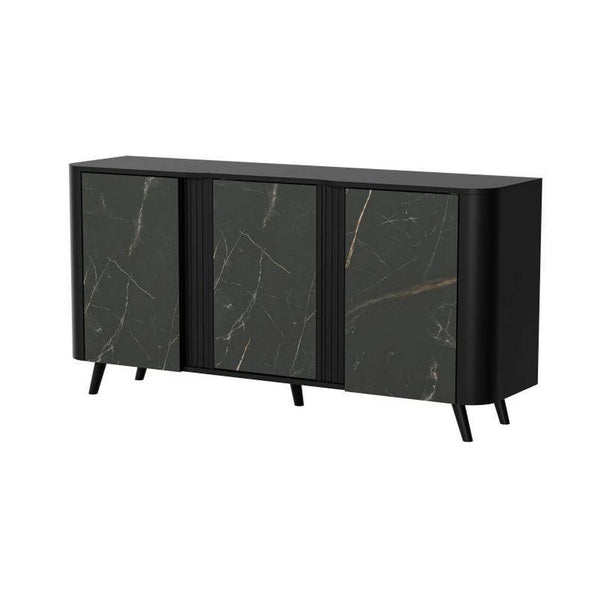 Comoda VOLARE, negru/imprimeu marmura, PAL laminat, 151x39x75 cm