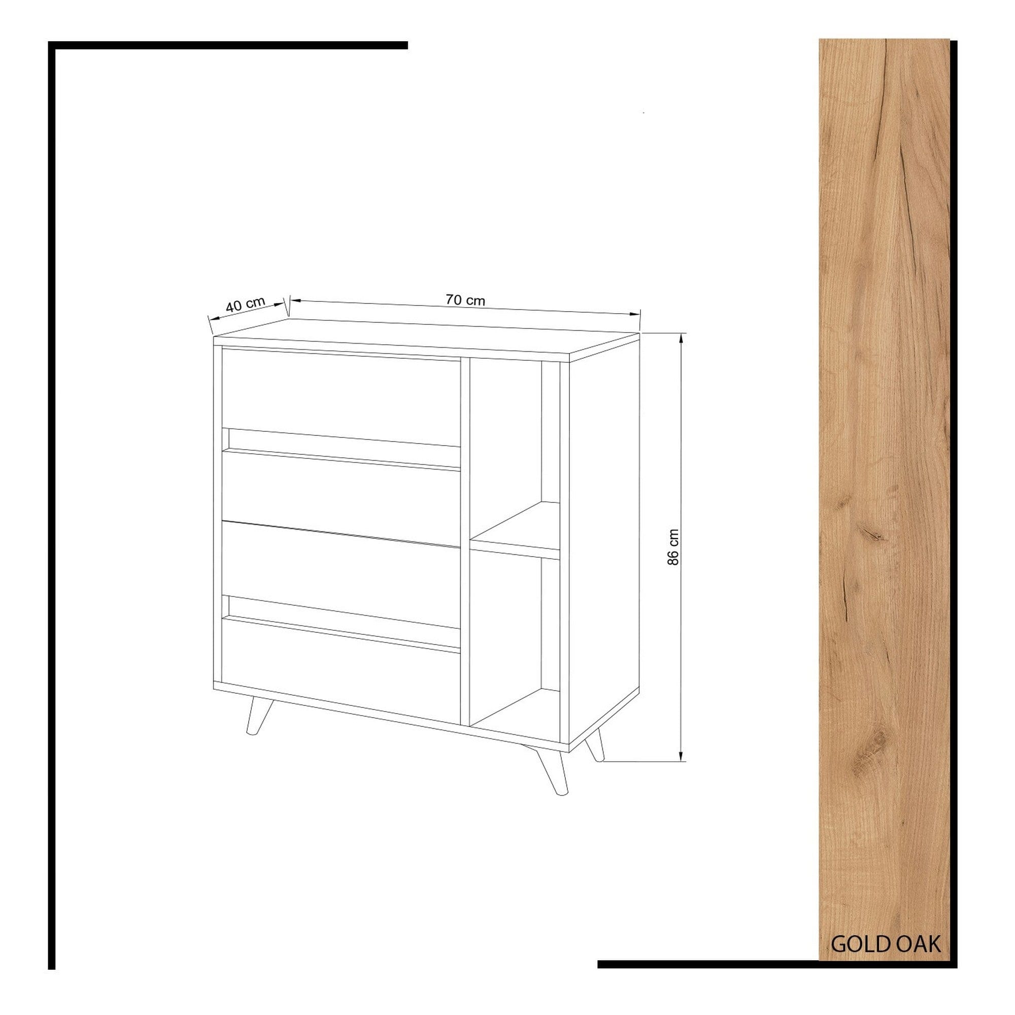 Comoda YUMİ, galben/stejar, PAL melaminat, 70x40x86 cm