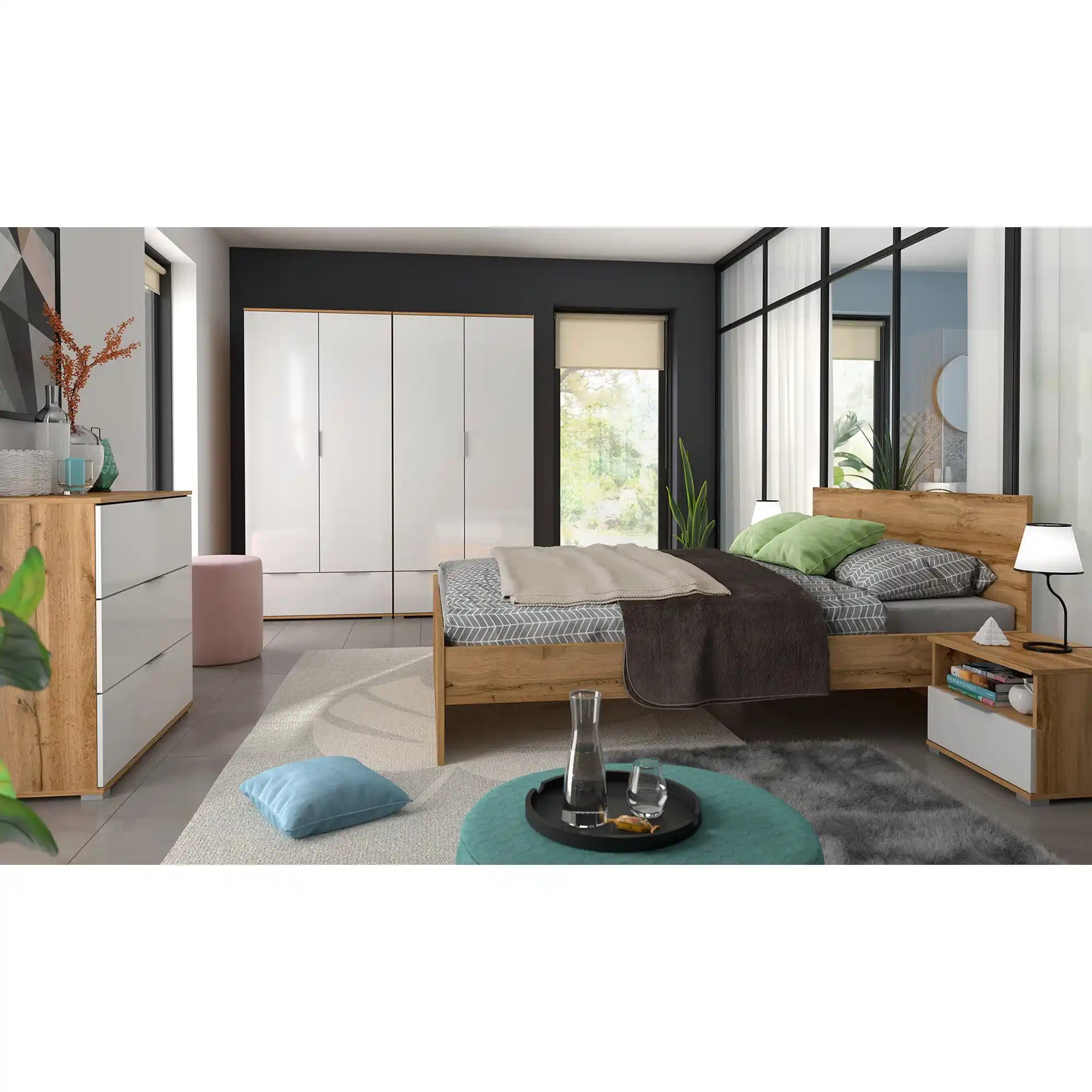 Comoda ZELE, steja wotan/alb lucios, PAL laminat, 95x41x86 cm