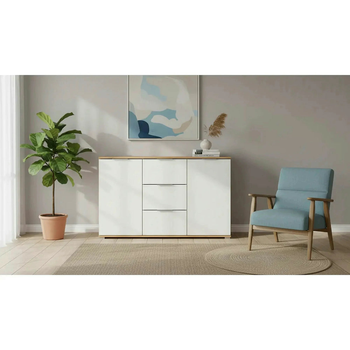 Comoda ZELE, stejar wotan/alb lucios, PAL laminat, 135x41x86 cm