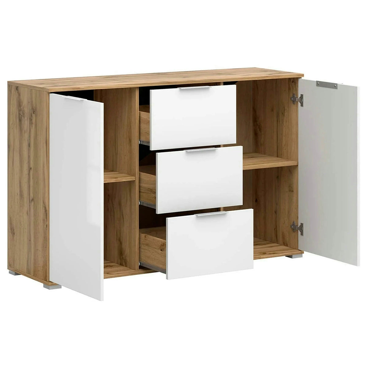 Comoda ZELE, stejar wotan/alb lucios, PAL laminat, 135x41x86 cm