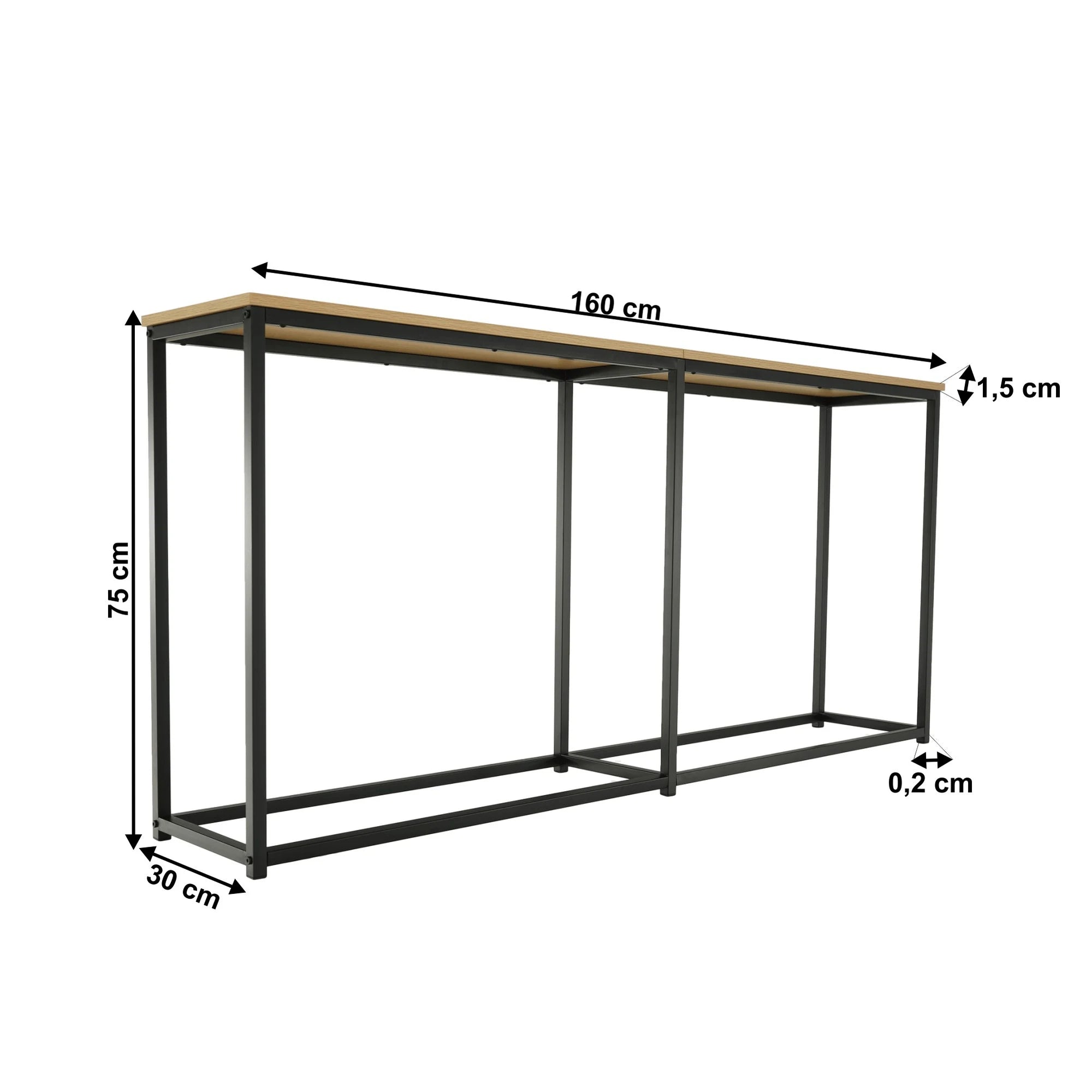 Consola BUSTA, stejar/negru, DTD infoliat/otel, 160x30x75 cm