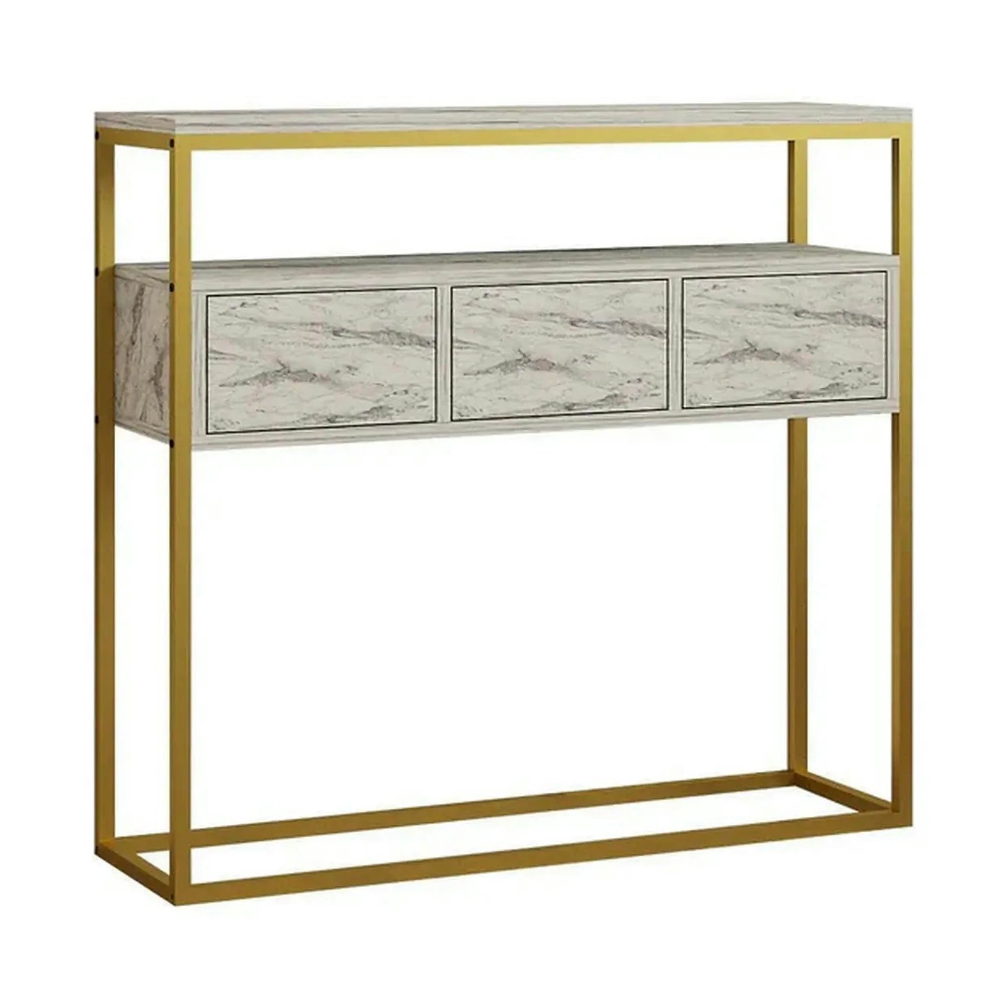 Consola GUARDA, alb cu efect de marmura/auriu, PAL melaminat/metal, 100x29x90 cm