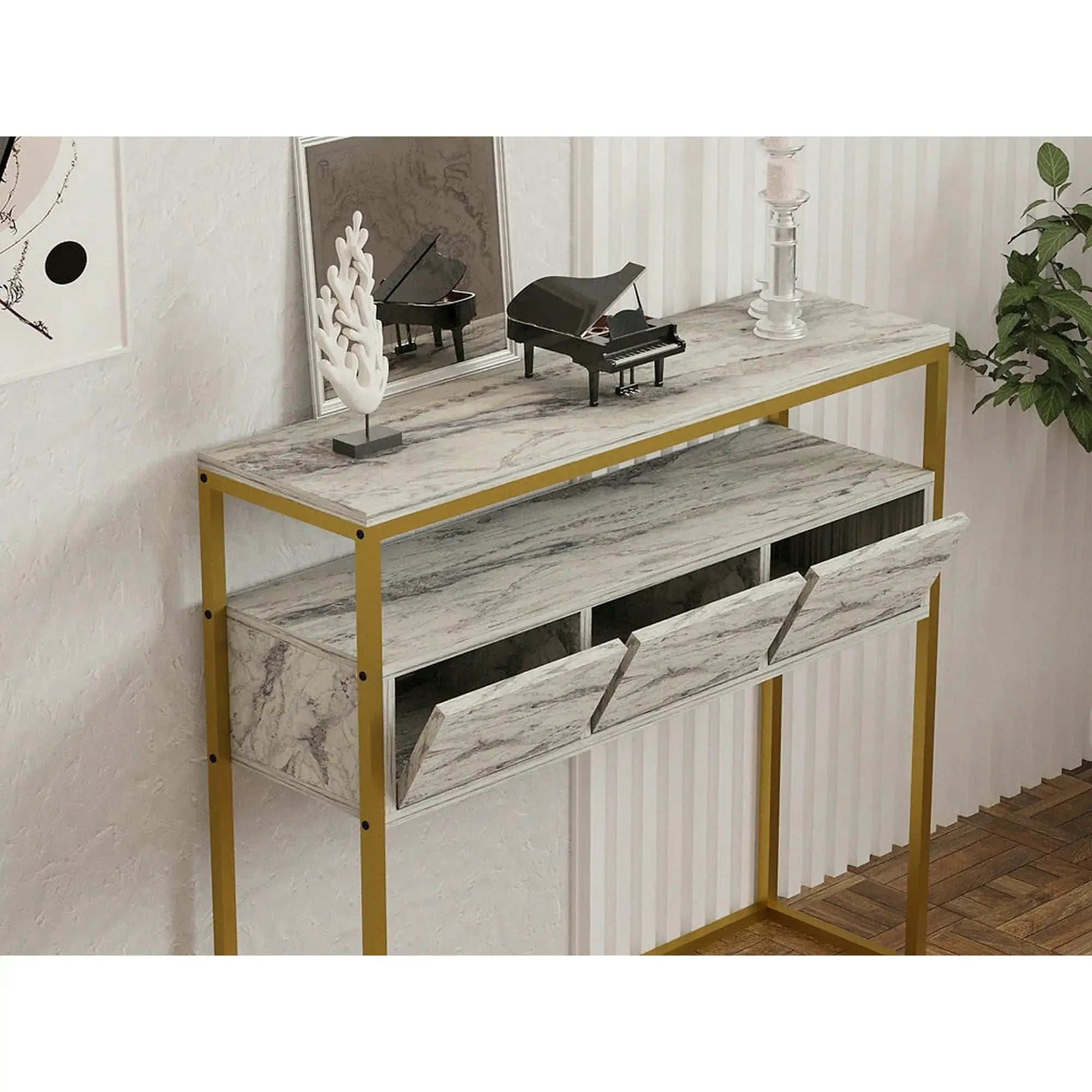 Consola GUARDA, alb cu efect de marmura/auriu, PAL melaminat/metal, 100x29x90 cm