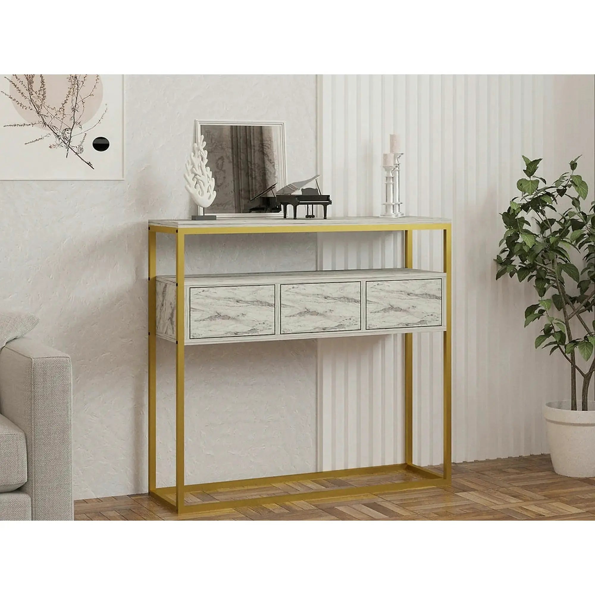 Consola GUARDA, alb cu efect de marmura/auriu, PAL melaminat/metal, 100x29x90 cm