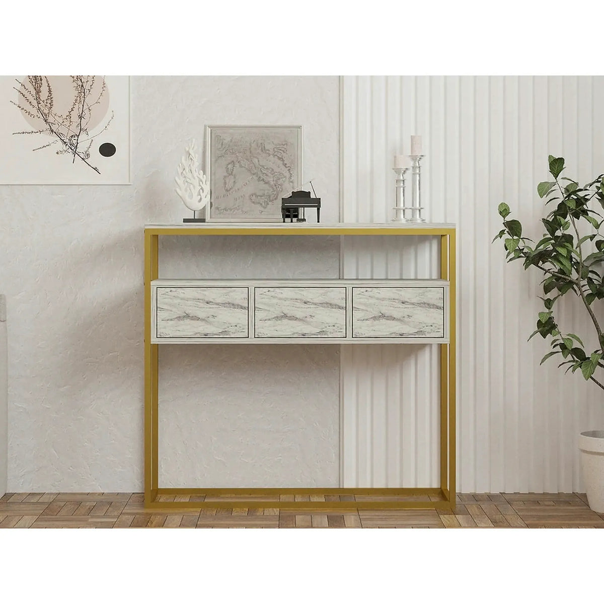Consola GUARDA, alb cu efect de marmura/auriu, PAL melaminat/metal, 100x29x90 cm