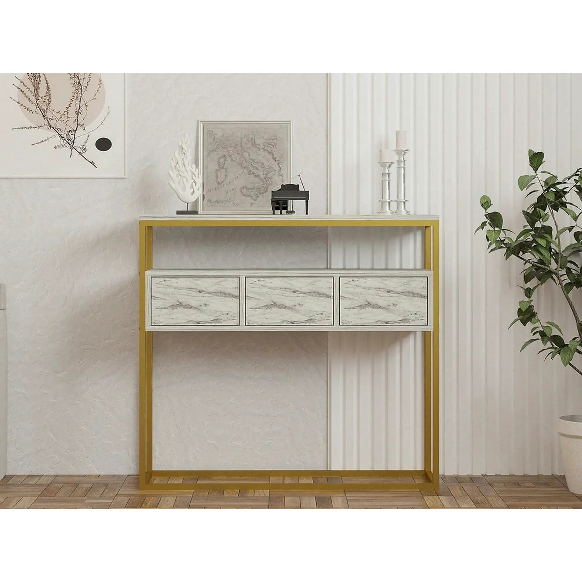 Consola GUARDA, alb cu efect de marmura/auriu, PAL melaminat/metal, 100x29x90 cm