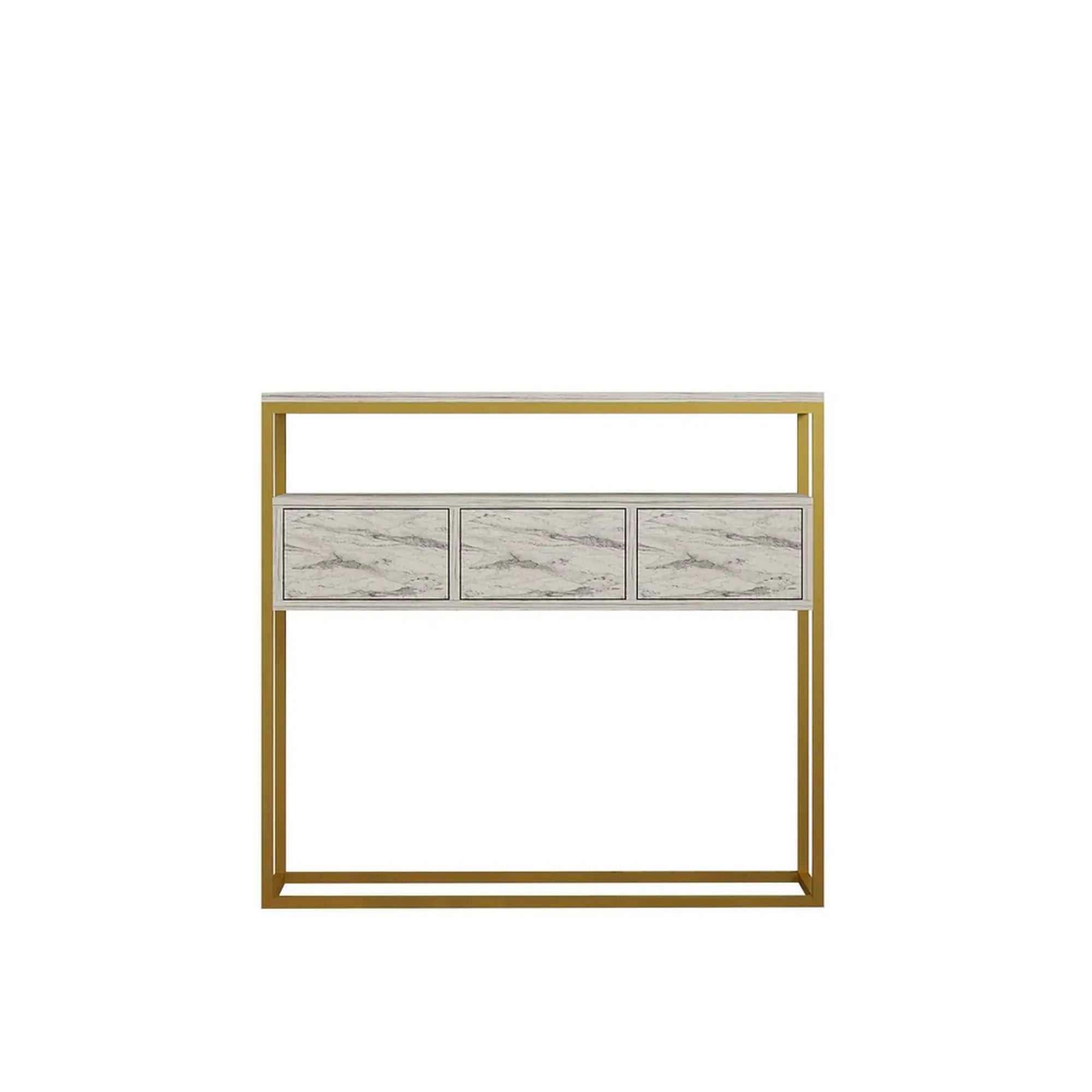 Consola GUARDA, alb cu efect de marmura/auriu, PAL melaminat/metal, 100x29x90 cm