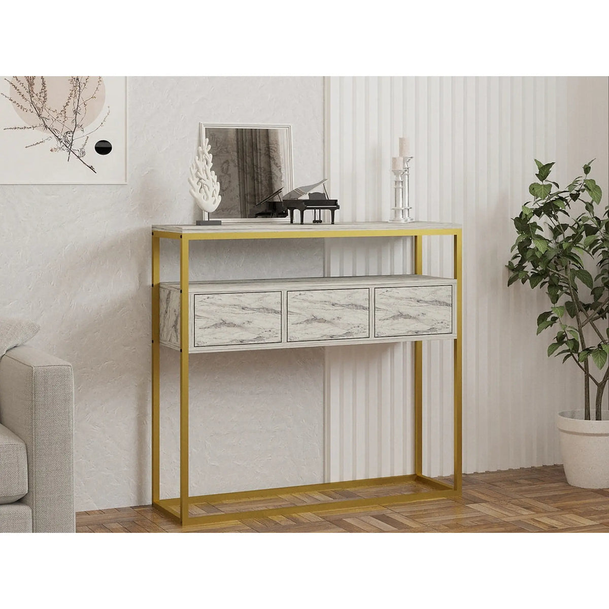 Consola GUARDA, alb cu efect de marmura/auriu, PAL melaminat/metal, 100x29x90 cm