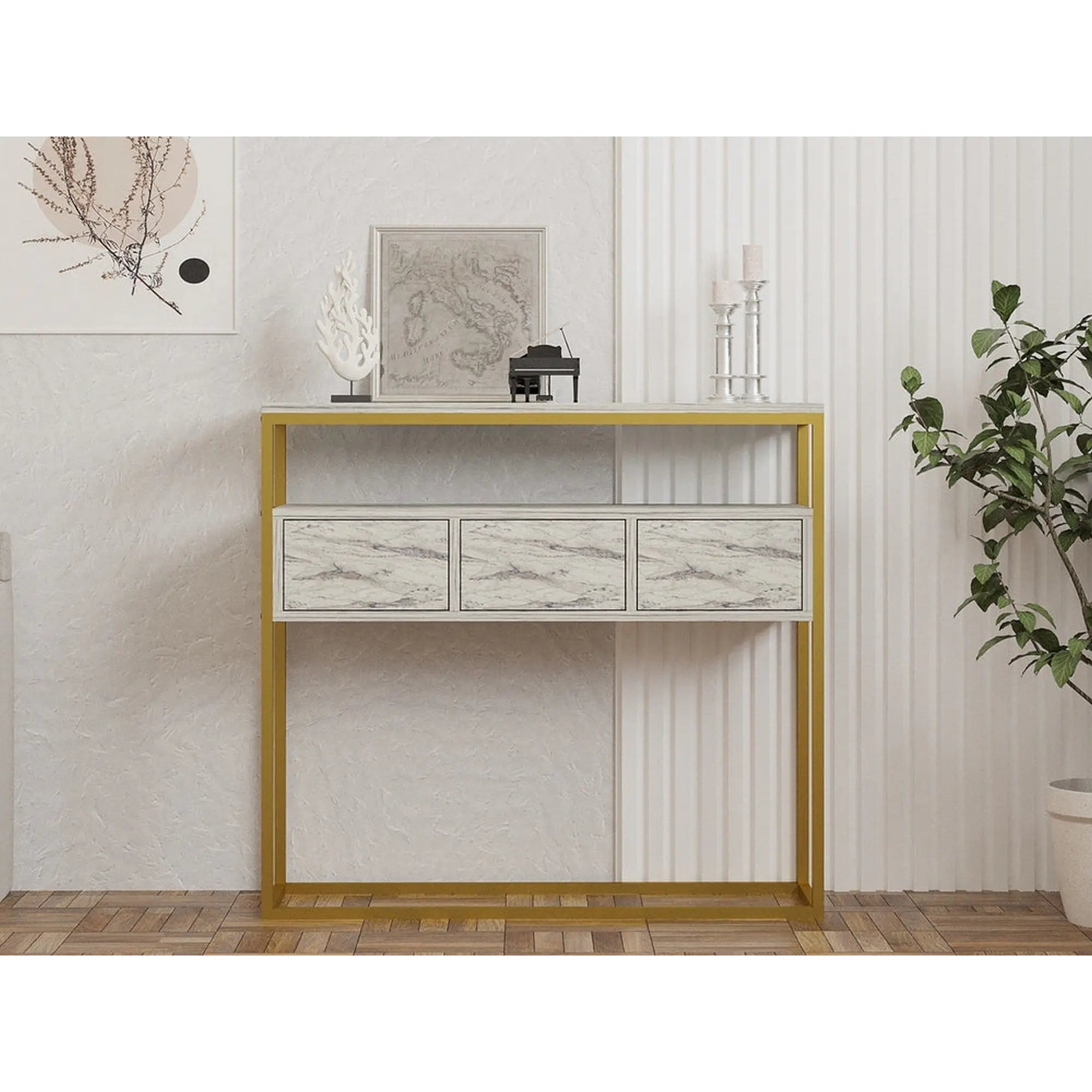 Consola GUARDA, alb cu efect de marmura/auriu, PAL melaminat/metal, 100x29x90 cm