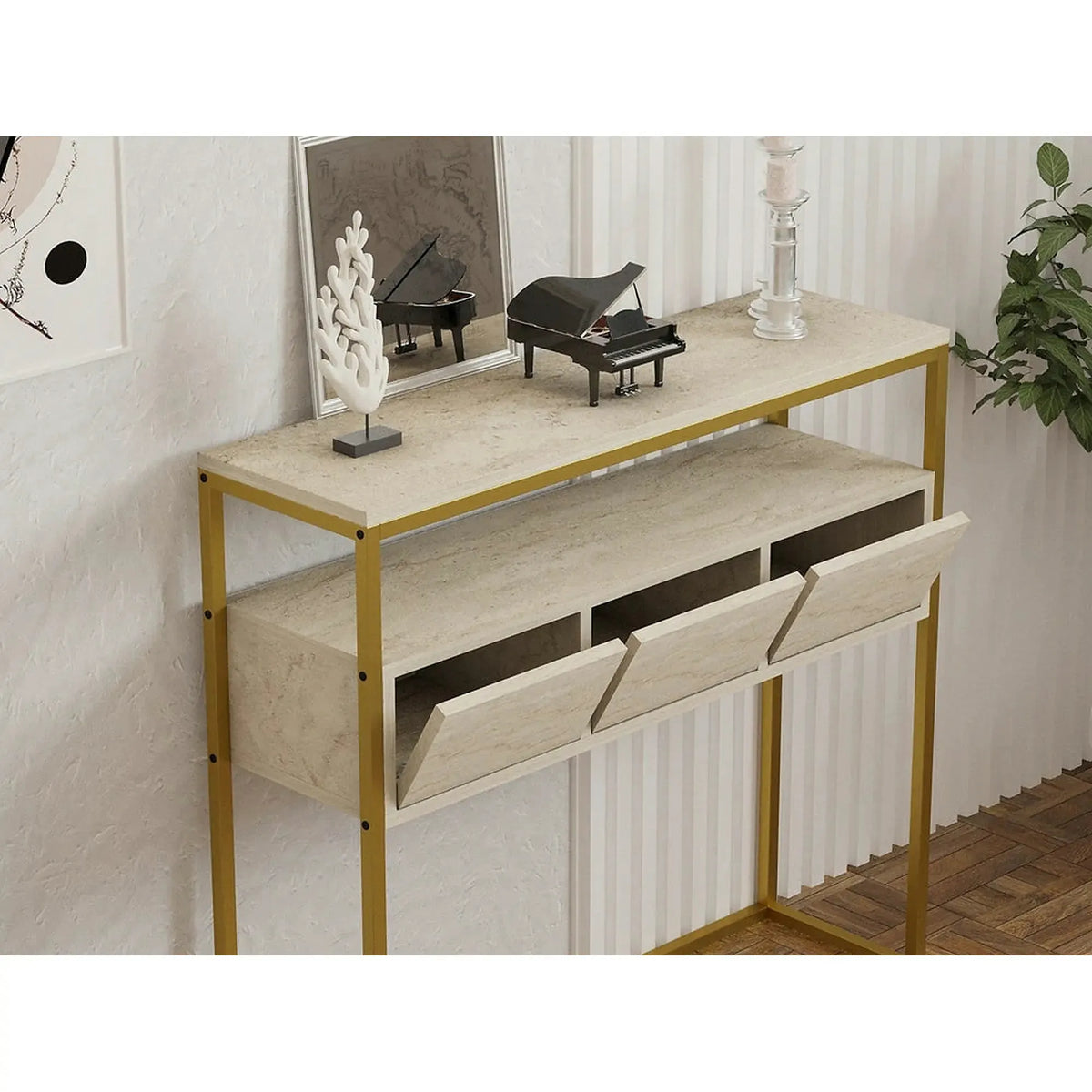 Consola GUARDA, bej cu efect de marmura/auriu, PAL melaminat, 100x29x90 cm