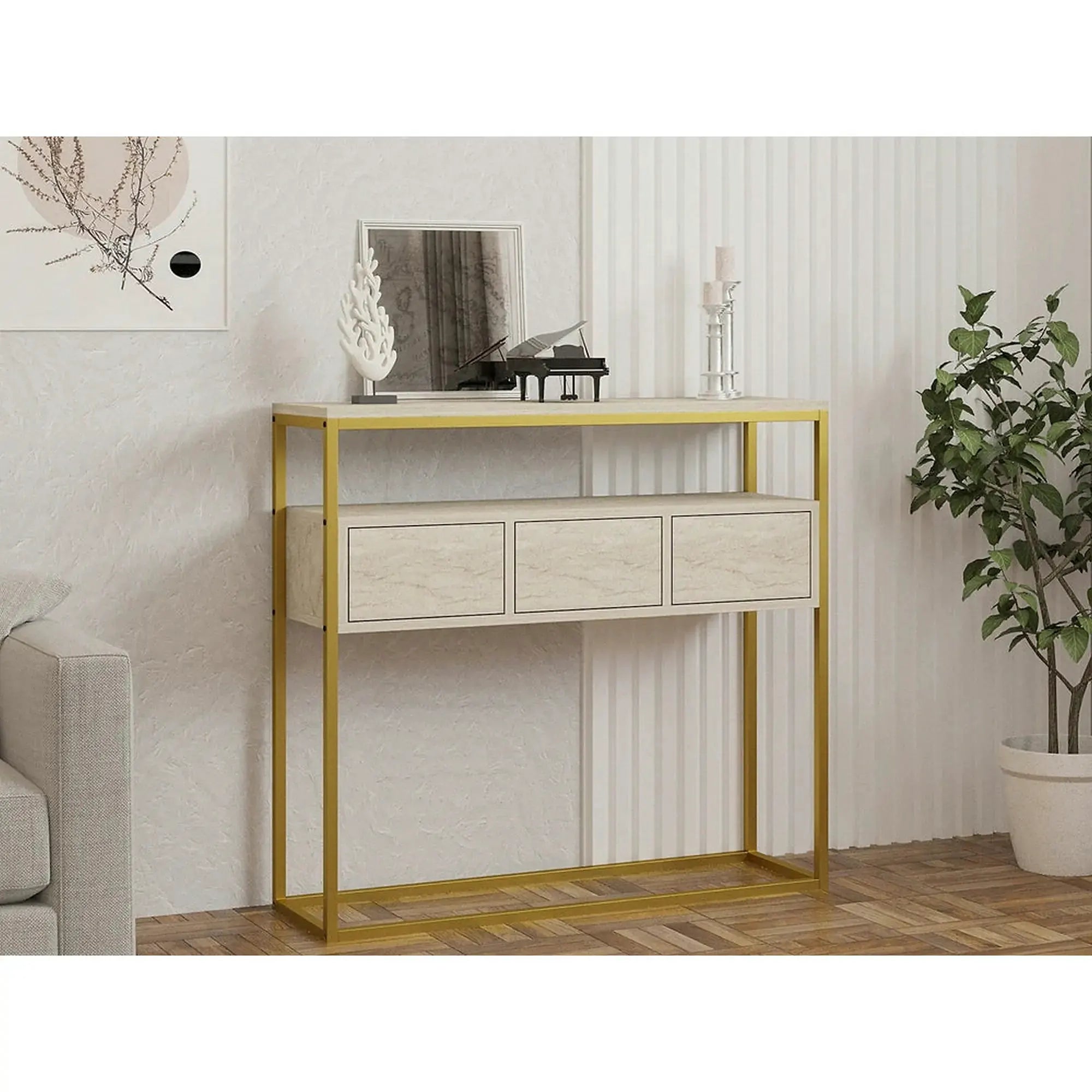 Consola GUARDA, bej cu efect de marmura/auriu, PAL melaminat, 100x29x90 cm