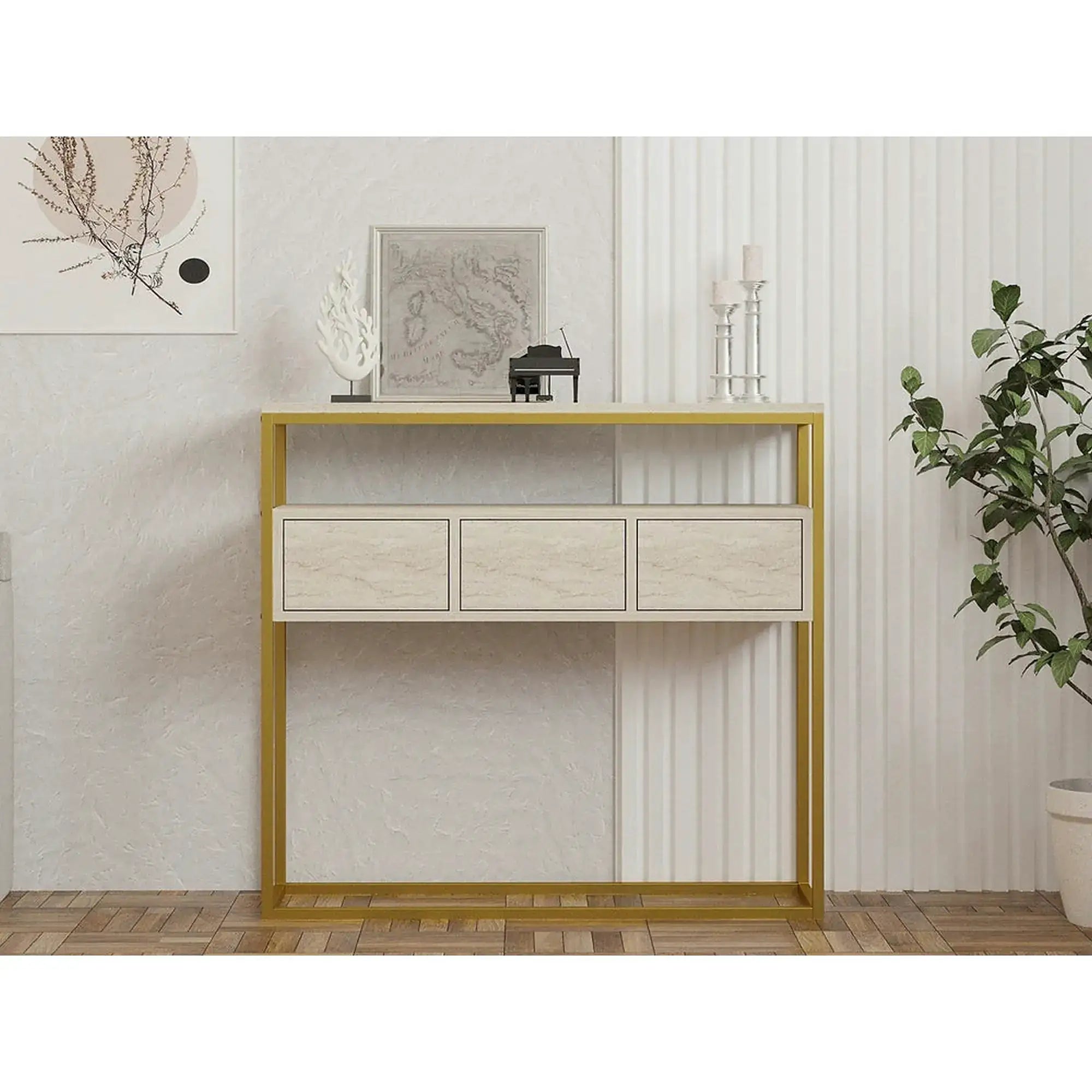Consola GUARDA, bej cu efect de marmura/auriu, PAL melaminat, 100x29x90 cm