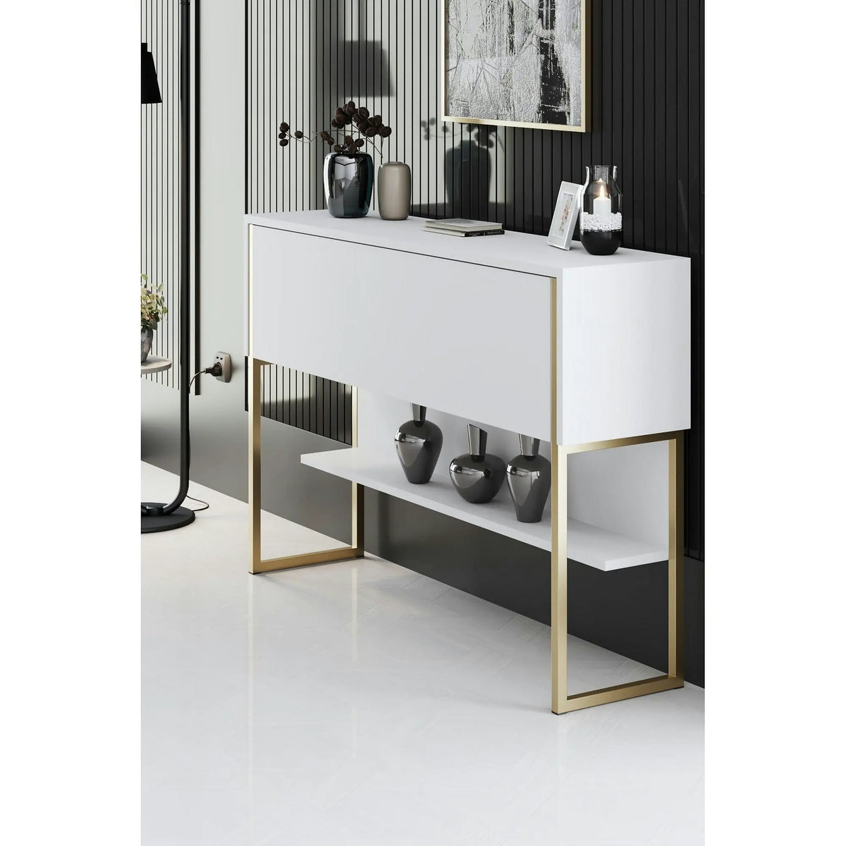 Consola LUXE, alb/auriu, PAL melaminat/metal, 120x30x80 cm