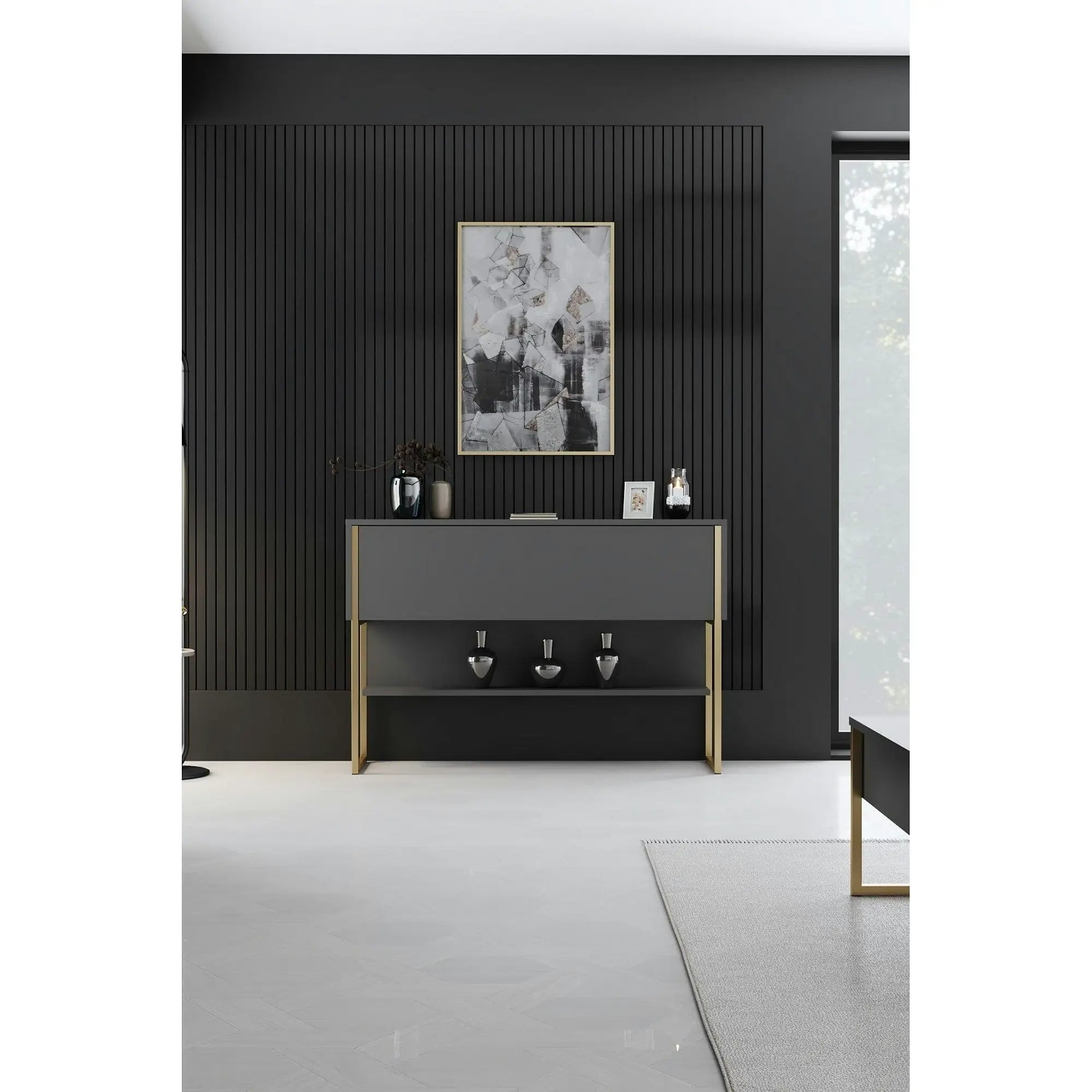 Consola LUXE, gri antracit/auriu, PAL melaminat/metal, 120x30x80 cm