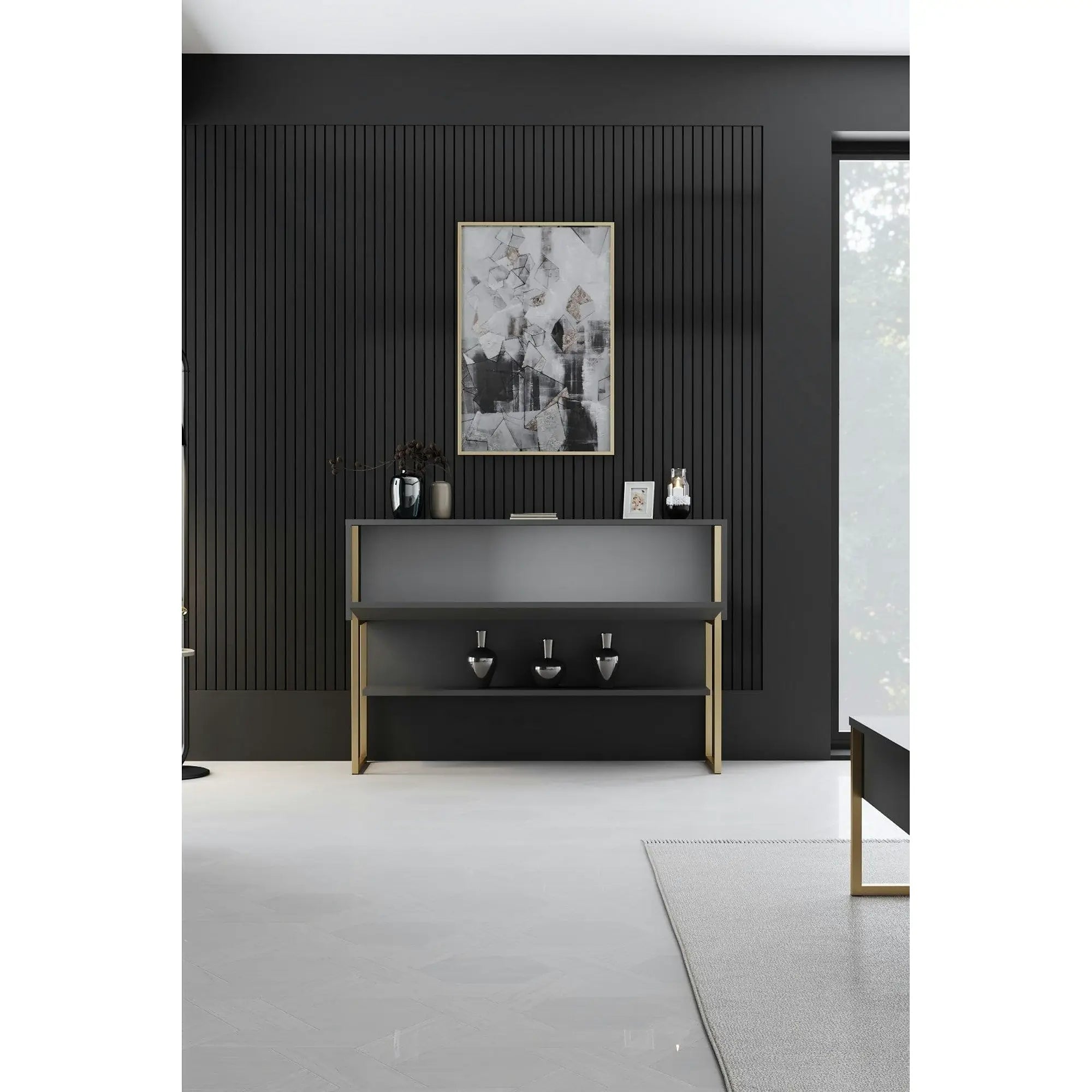 Consola LUXE, gri antracit/auriu, PAL melaminat/metal, 120x30x80 cm