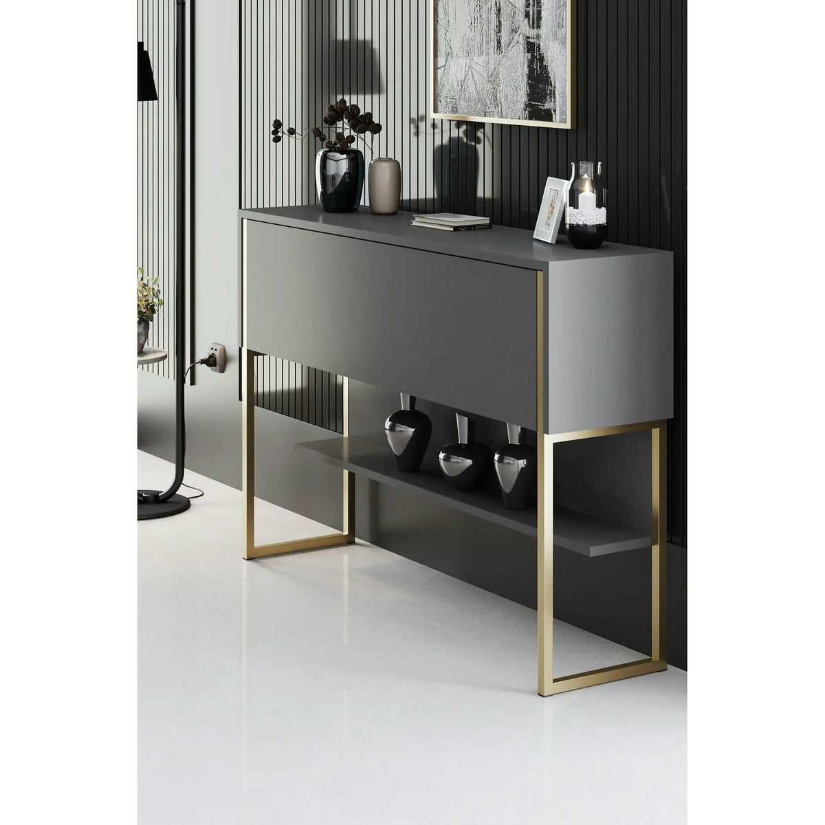 Consola LUXE, gri antracit/auriu, PAL melaminat/metal, 120x30x80 cm
