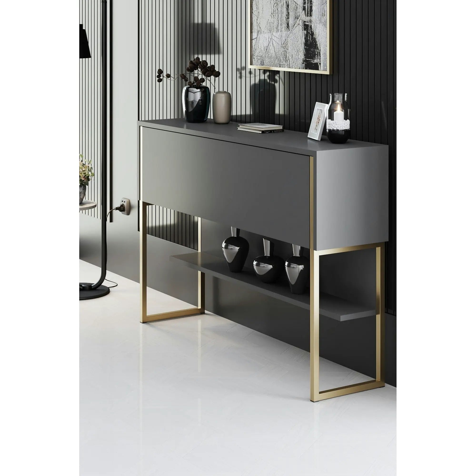 Consola LUXE, gri antracit/auriu, PAL melaminat/metal, 120x30x80 cm