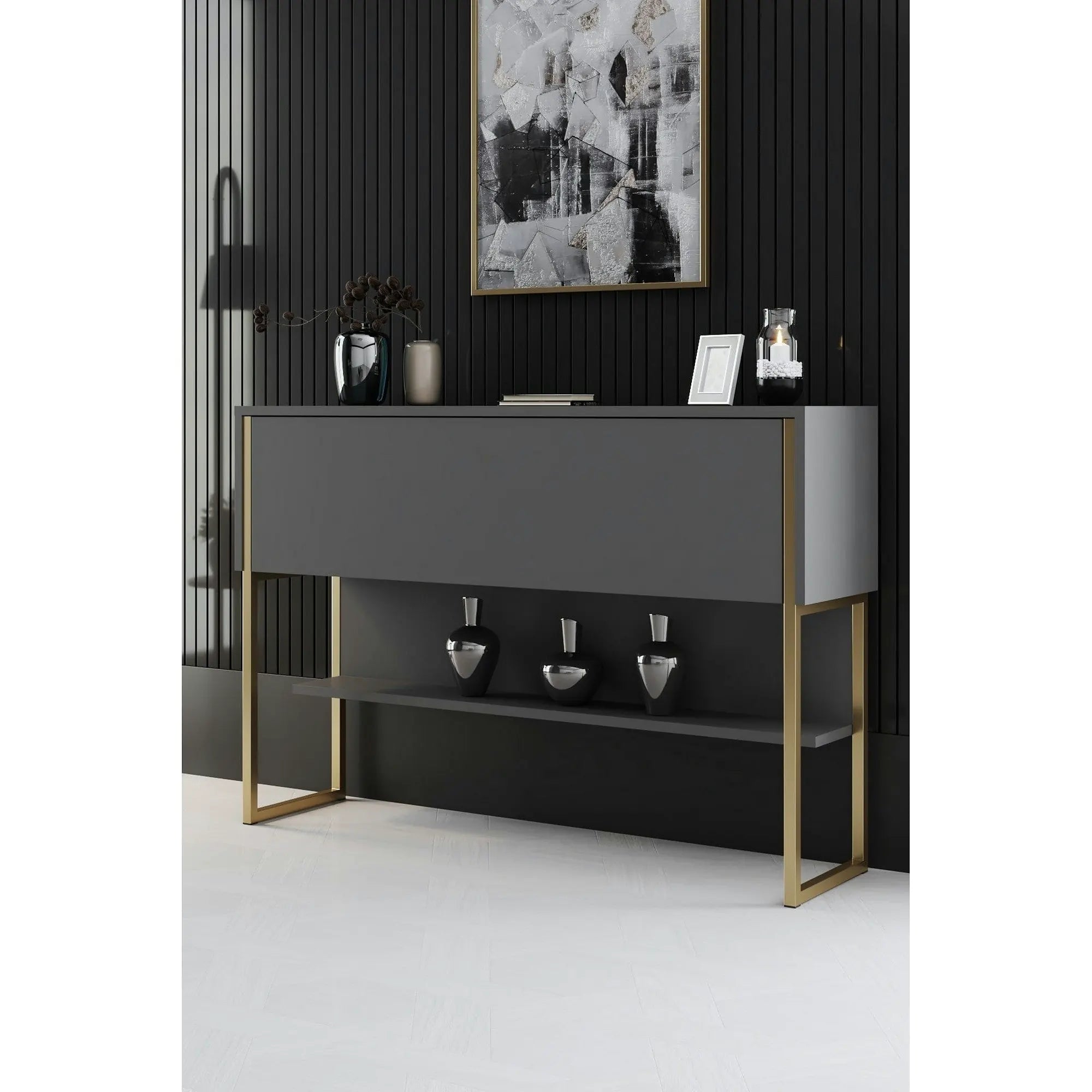 Consola LUXE, gri antracit/auriu, PAL melaminat/metal, 120x30x80 cm