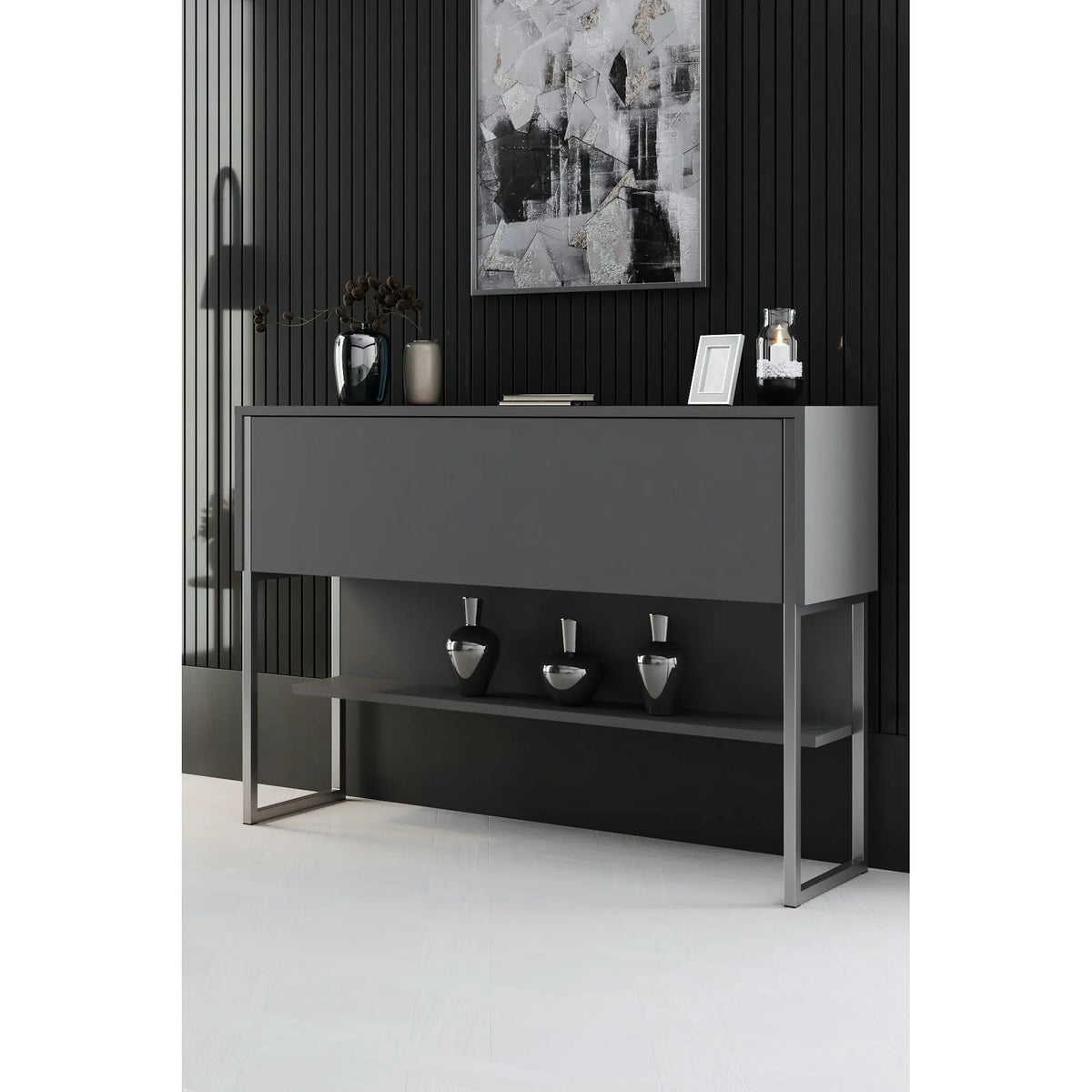 Consola LUXE, gri antracit/crom, PAL melamimat/metal, 120x30x80 cm