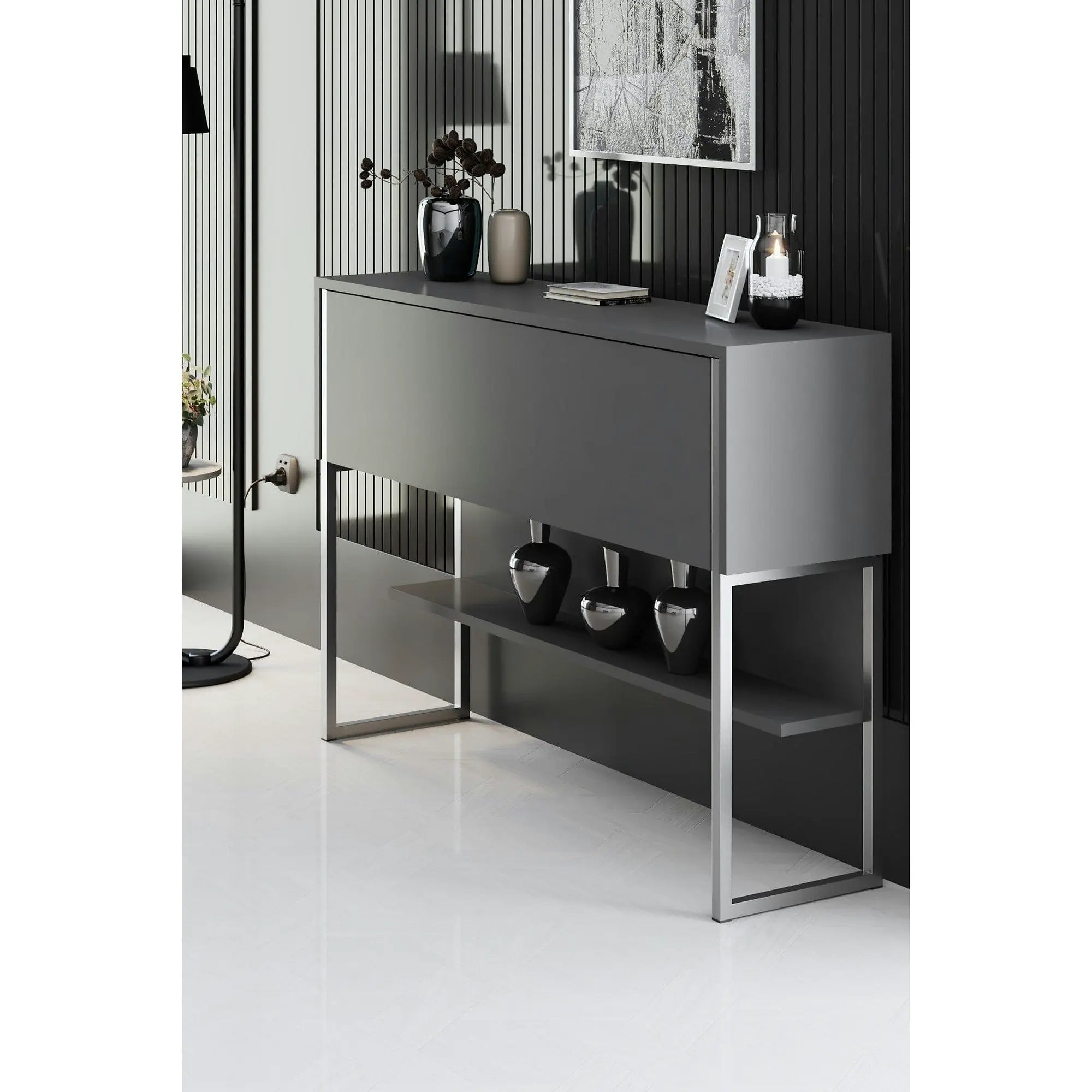 Consola LUXE, gri antracit/crom, PAL melamimat/metal, 120x30x80 cm